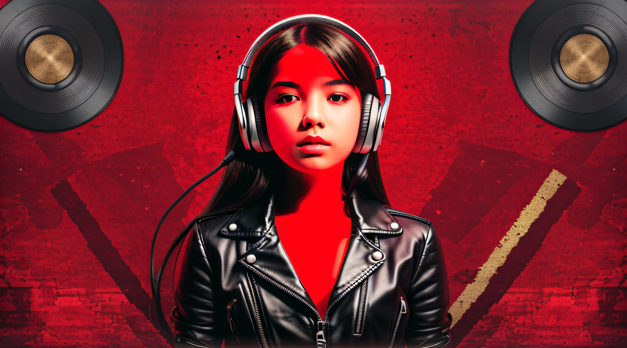 GIRL child 12 years old, RUSSIAN BLONDE long hair and headphones, portrait, SILVER LEATHER JACKET, VINYL AND CDS red background.