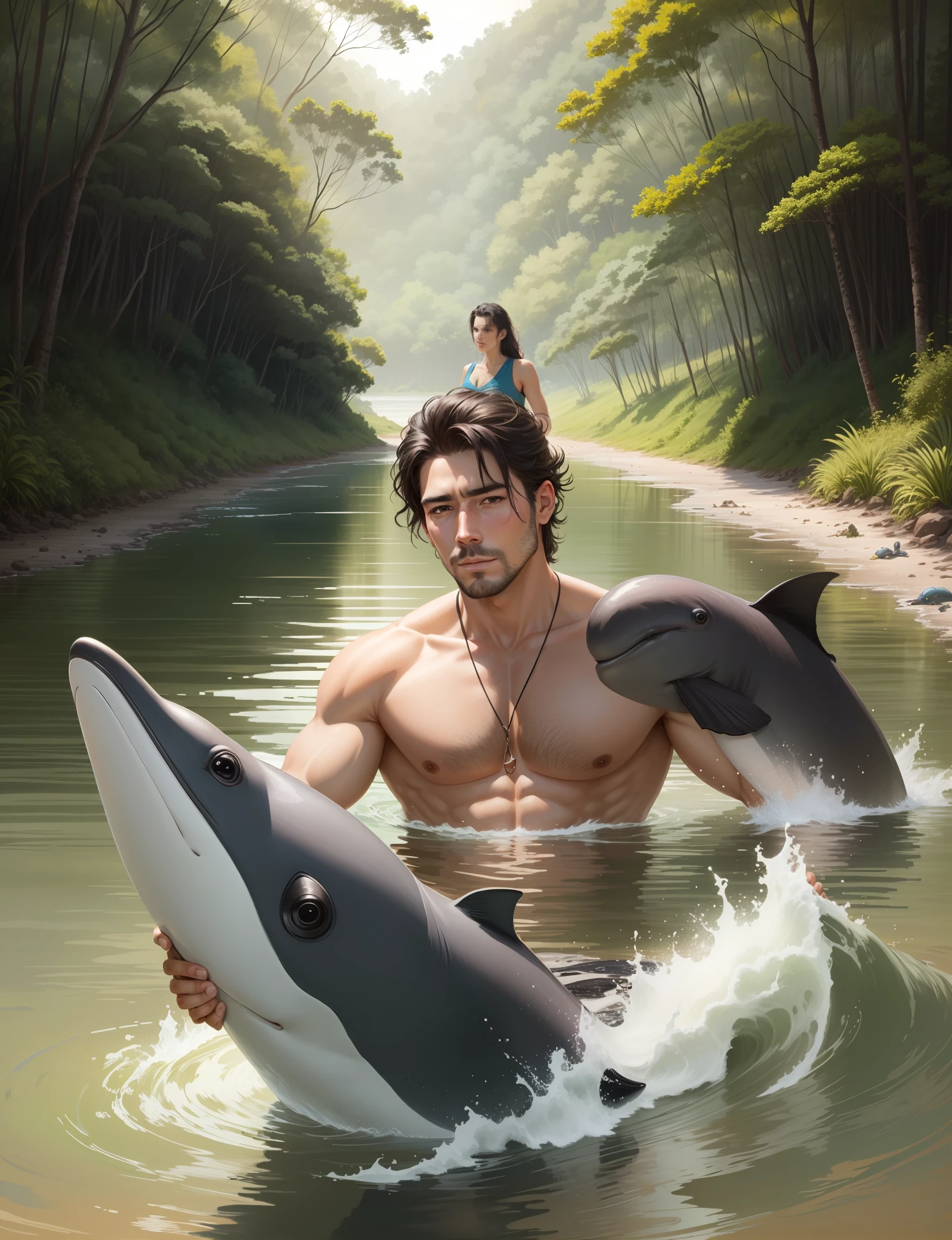 A beautiful man coming out of the Amazon River with a pink porpoise by his side