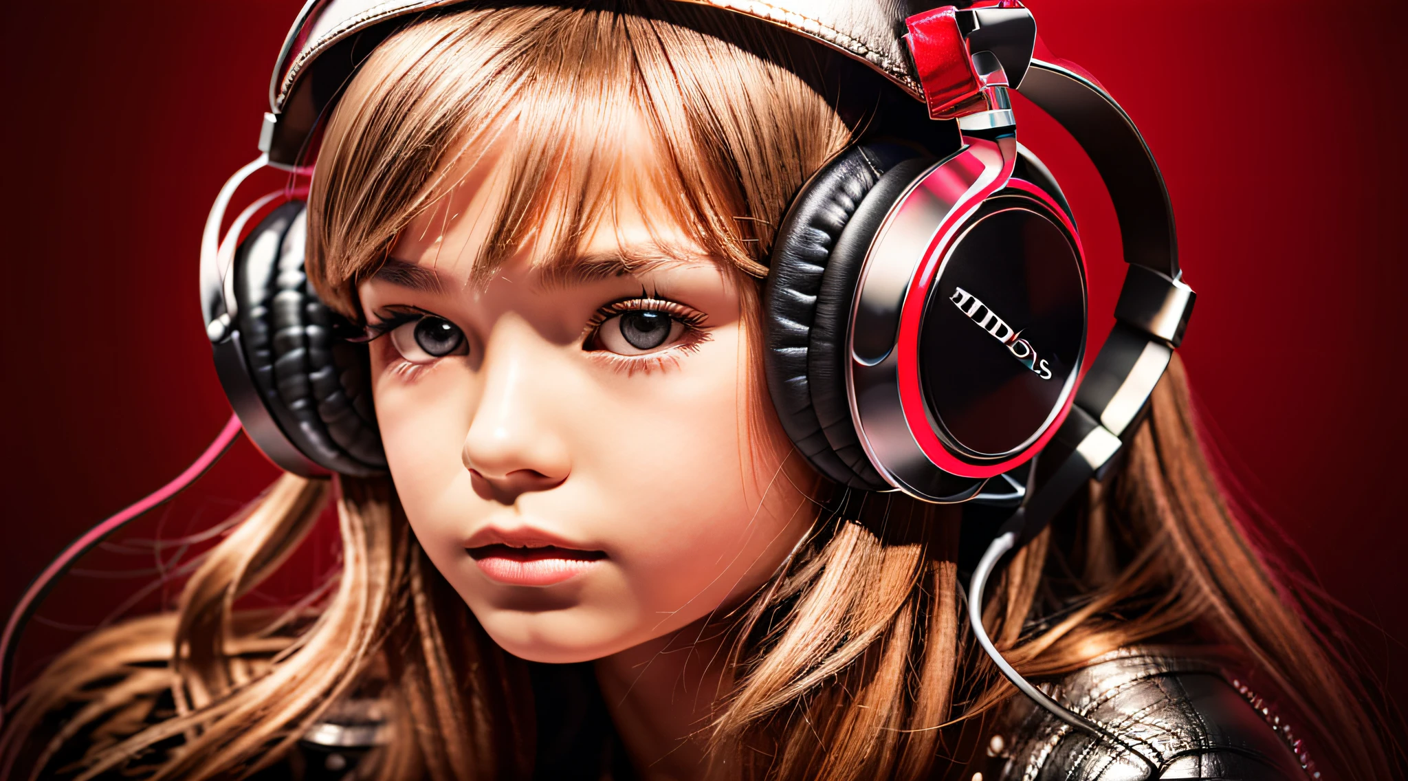 GIRL child , RUSSIAN BLONDE long hair and headphones, portrait, SILVER LEATHER JACKET, VINYL AND CDS red background.