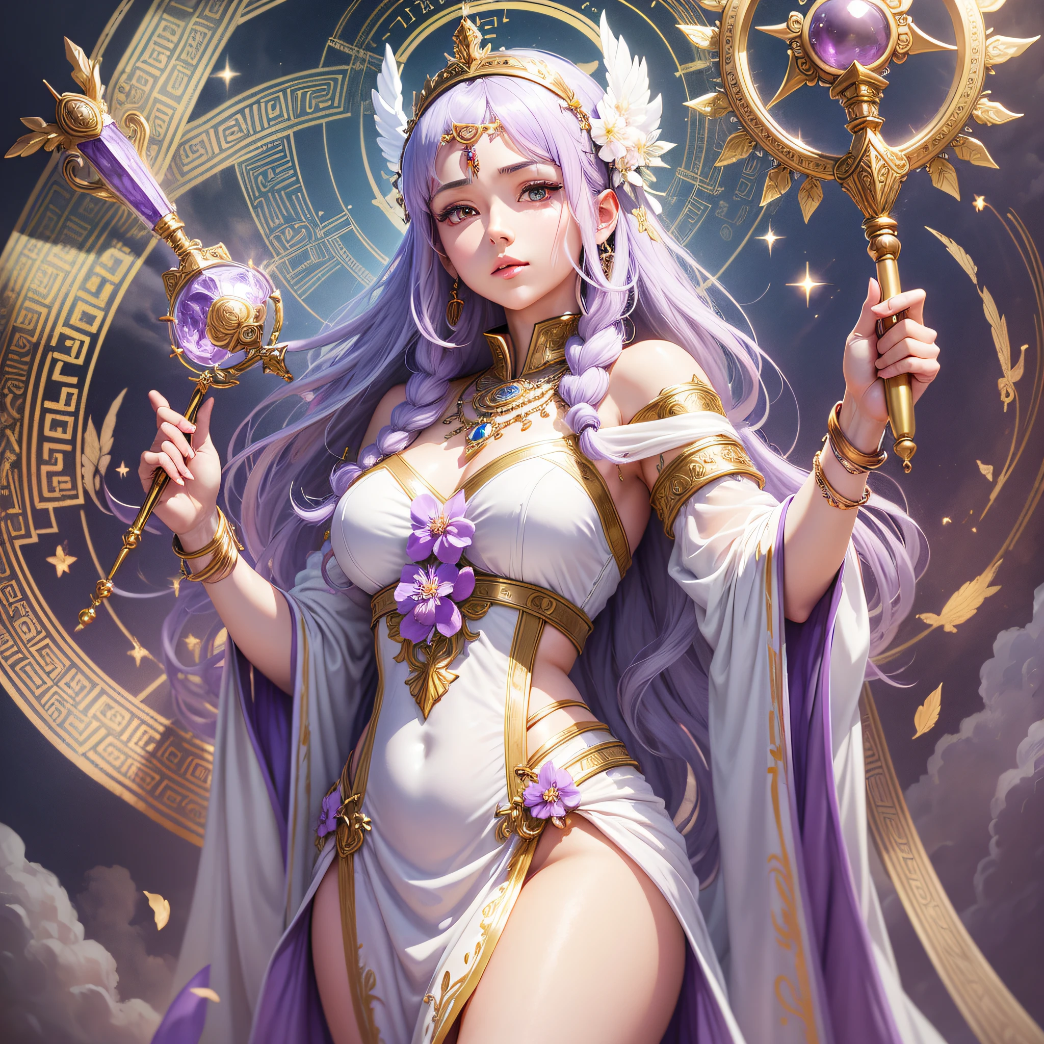 Athena,Goddess,fantasy,masterpiece,highly detailed,minimalist,light purple hair,semi-transparent white dress,beautiful face,jewerly,saori,staff her size,divine light,divine background --auto --s2