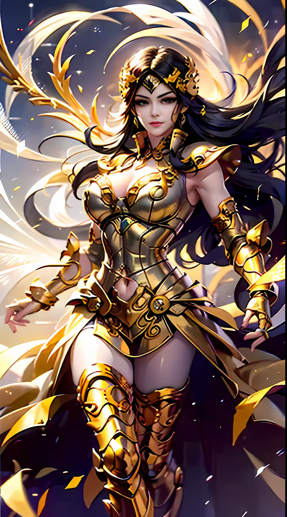 (Best quality: 1.3), (Masterpiece: 1.3), (Realistic: 1.4), (Detail: 1.1), Perfect asian beautiful girl, beautiful eyes, moist lips, long tan hair, slightly curly, smiling, master masterpiece, full of details, (Asian beauty face), wearing gold holy robe, ancient Greek Athena statue background, battle stance, motion photography, full body shot