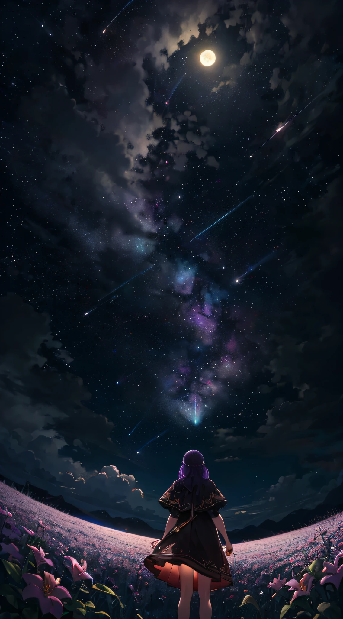 Vast landscape photo, (viewed from below, the sky is above and the open field is below), a girl standing on a flower field looking up, (full moon: 1.2), (meteor: 0.9), (nebula: 1.3), distant mountains , Trees BREAK Crafting Art, (Warm Light: 1.2), (Fireflies: 1.2), Lights, Lots of Purple and Orange, Intricate Details, Volumetric Lighting, Realism BREAK (Masterpiece: 1.2), (Best Quality), 4k, Ultra-Detailed, (Dynamic Composition: 1.4), Very Detailed, Colorful Details, (Rainbow Colors: 1.2), (Glow Lighting, Atmospheric Lighting), Dreamy, Magical, (Solo: 1.2)