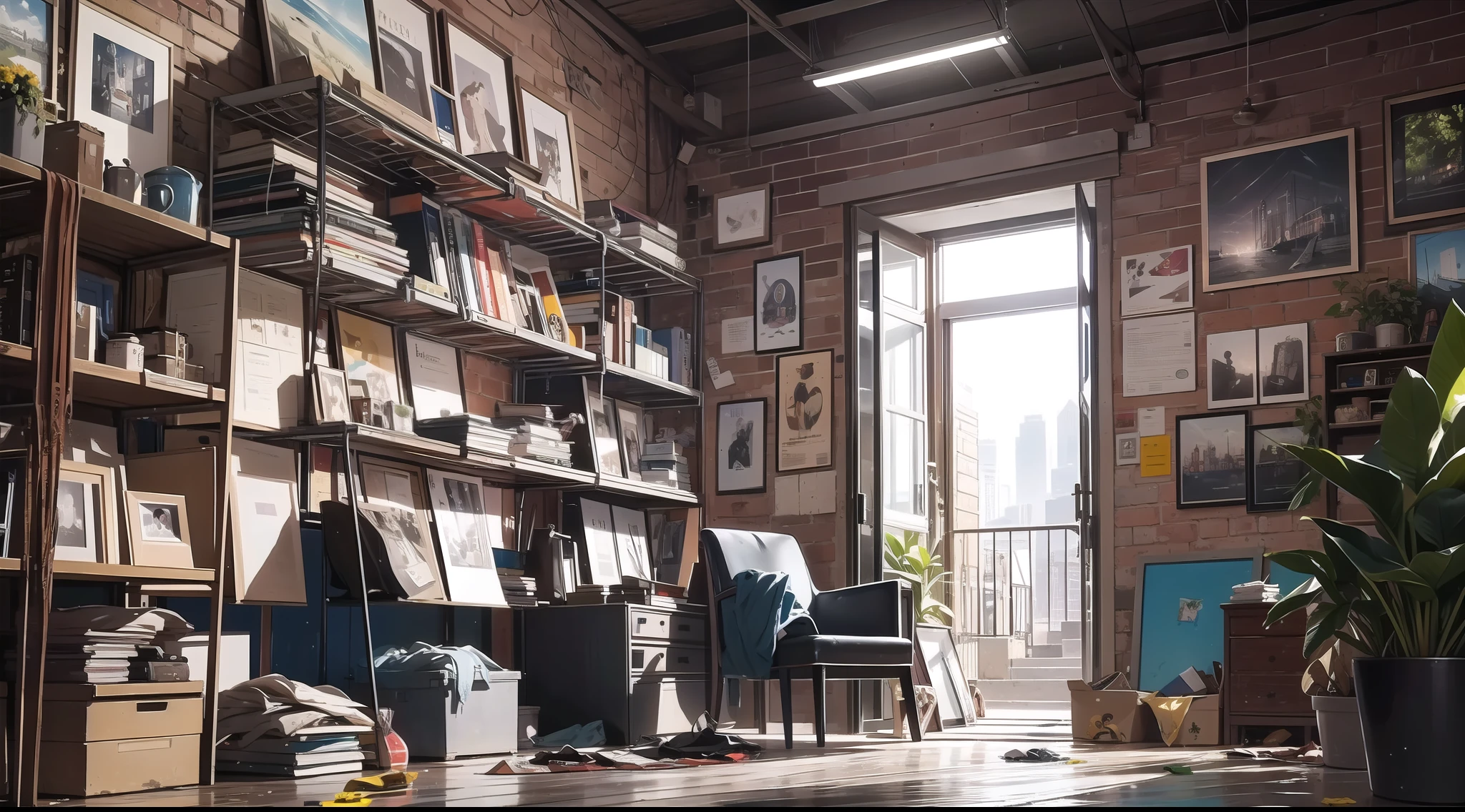 (masterpiece),(illustration with very saturated pulp color), (edges worn paper), (view of the image in full plane), (advertising poster), title letters, (ornaments on the flowered edges), a very young girl with innocent face in bikini sitting in an armchair, background a futuristic city, bluish afternoon light, wet floor reflecting, dirt, garbage on the floor,  Stacked boxes, metal shelves full of stuff, posters on the walls