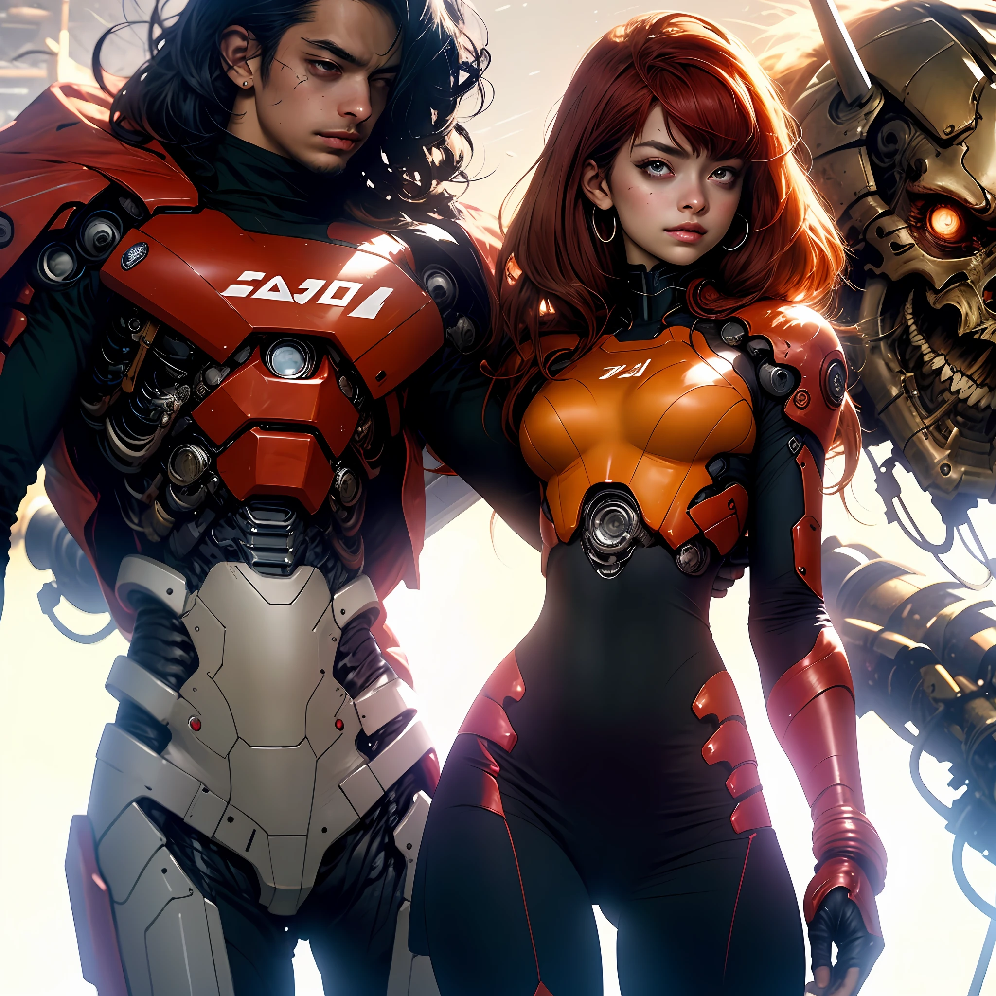 Ismail Inceoglu, tomasz alen kopera, 1girl, small breasts, Asuka Langley Soryu, eva 2 in the background ((split colored hair)), ((red hair)), hand on hip, hand on own chest, long hair, science fiction costume, cyborg costume, fair costume, standing, masterpiece, best quality, CG, wallpaper, high quality, high definition, extremely detailed, landscape,