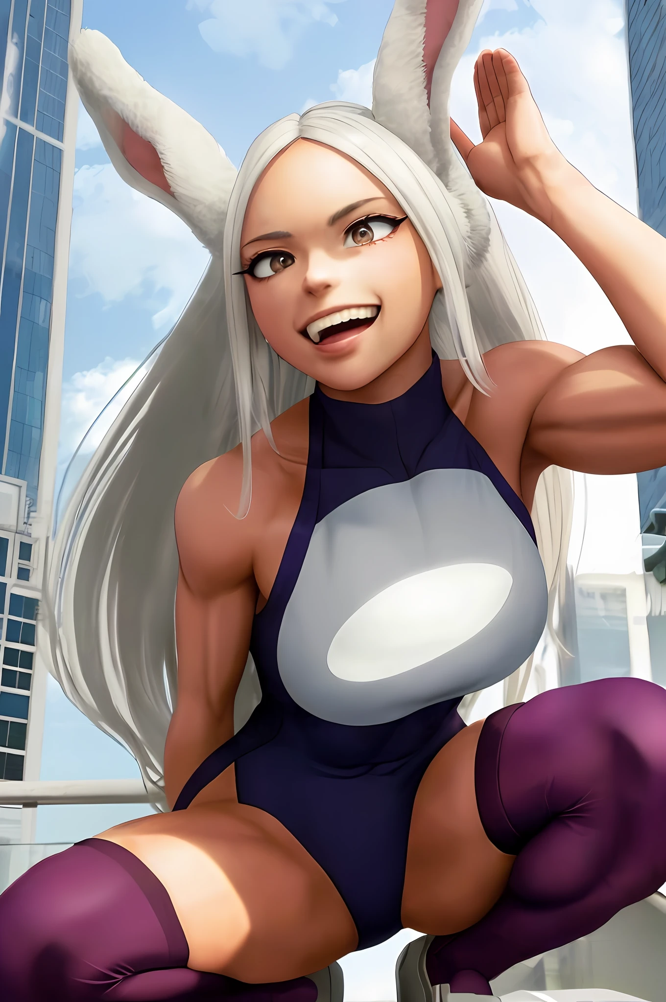 [Miruko; Boku no hiro academia], ((solo portrait)), ((High definition)), ((anime)), ((Kohei Horikoshi)), ((raytracing)), ((detailed shading)), ((cinematic lighting)), {Miruko; (tanned skin, maroon eyes, long white hair, long white bunny ears, small fluffy white bunny tail, maroon eyes, large boobs), (white leotard; yellow crescent moon on chest, purple lining, grey plating, hero costume, white gloves), (purple thigh highs), (grey metal prosthetic feet), (smug smile; mouth open, pink tongue, white teeth, cute fang), (athletic body; defined abs, defined leg muscles, defined arm muscles)}, ((squatting; on top of skyscraper, looking ahead, arms above head, dynamic pose), hand on ground, looking at viewer), [Background; (outside daytime; city; skyscrapers)]