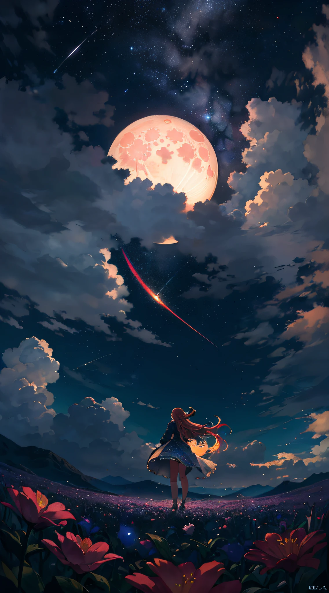 A wide landscape photo, (viewed from below, the sky is above, and the open field is below), a girl standing on a flower field looking up, (full moon: 1.2), (meteor: 0.9), (nebula: 1.3), distant mountains , Trees BREAK Crafting Art, (Warm Light: 1.2), (Firefly: 1.2), Lights, Lots of Purple and Orange, Intricate Details, Volumetric Lighting BREAK (Masterpiece: 1.2), (Best Quality), 4k, Ultra Detailed, (Dynamic Composition: 1.4), Rich in Detail and Color, (Rainbow Color: 1.2), (Glow, Atmospheric Lighting), Dreamy, Magical, (Solo: 1.2)