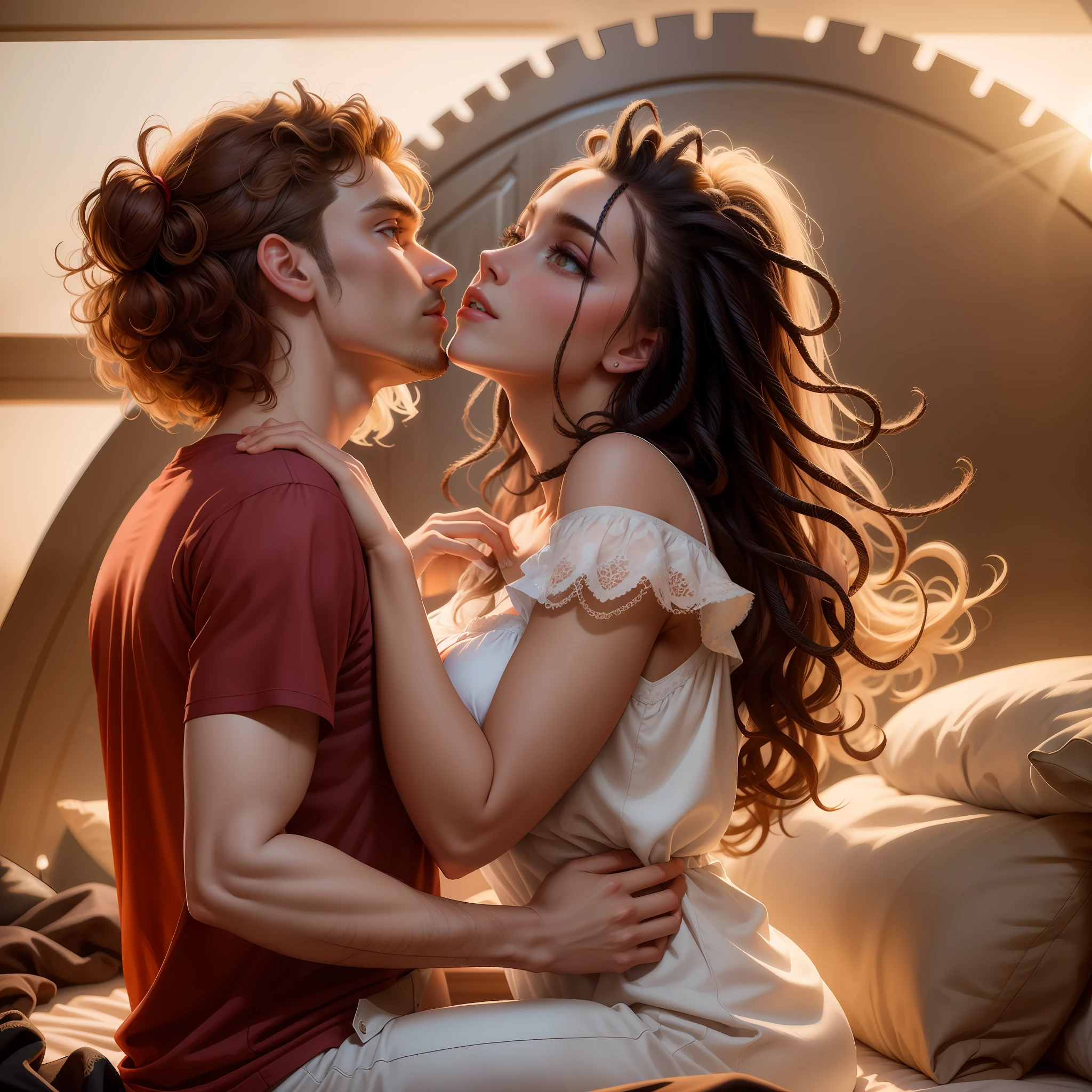 they are kissing on a bed with a wooden headboard, 8 k sensual lighting, by Aleksander Gierymski, romance novel cover, epic romance, by John La Gatta, portrait shot, by Alexander Kucharsky, by Aleksander Kotsis, by Aleksander Kobzdej, by Hristofor Zhefarovich