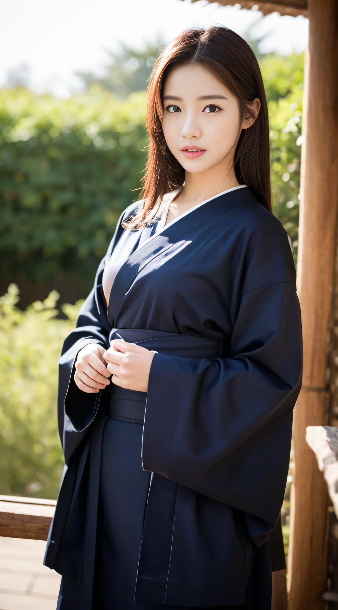 ((Best Quality, 8K, Masterpiece: 1.3)), Sharp Focus: 1.2, (Super Beautiful Face: 1.0), (Glossy Skin: 1.0), Realistic Photos, Black Hair, Realistic Pupils, Movie Lighting, Highly Detailed Eyes and Faces, Movie Lighting, (Cowboy Shot: 1.0), (Kimono, Hakama, Obi: 1.3), In Nature, (Korean Cute Actress), happy