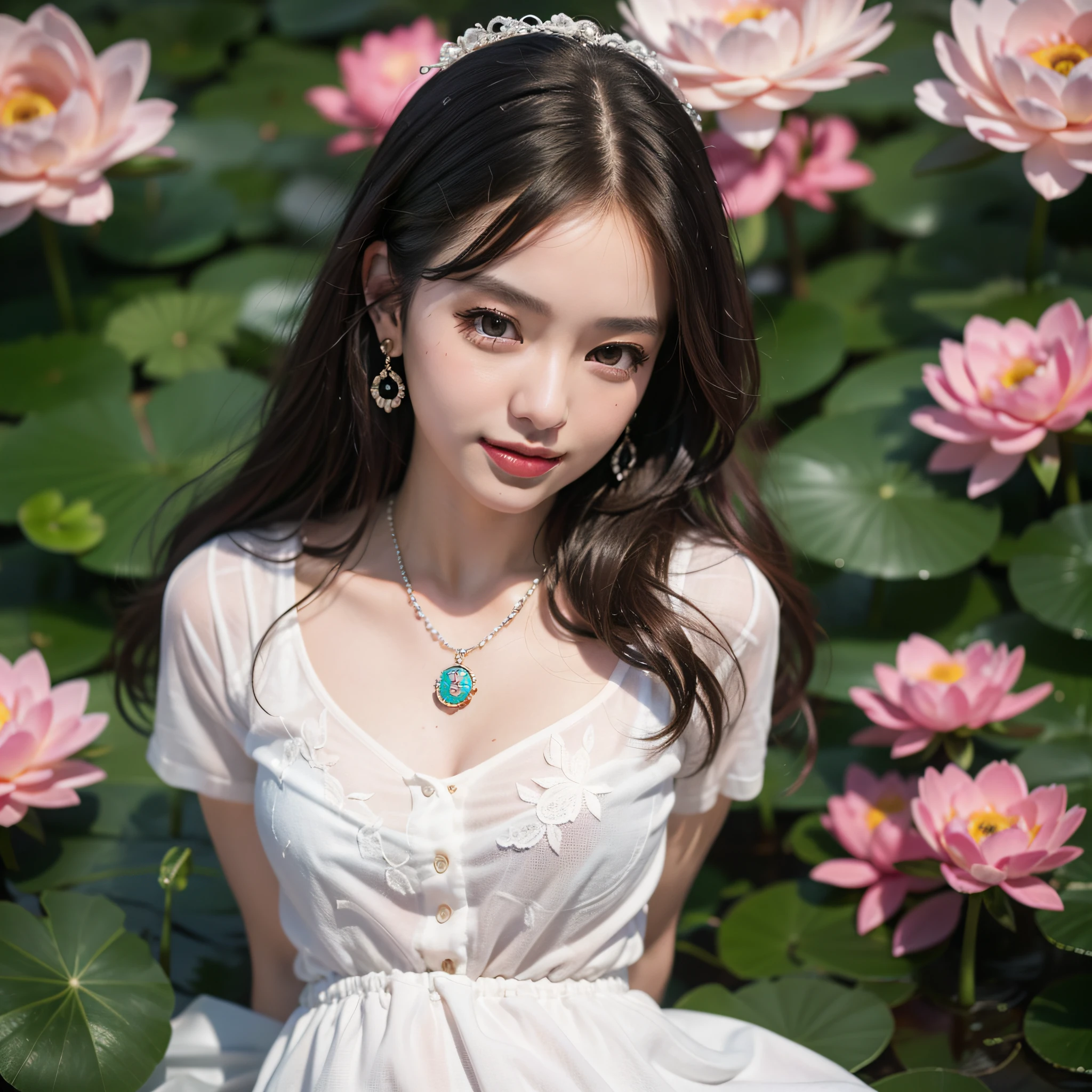 ((Best Quality, 8K, Masterpiece: 1.3)), 1girl, 1 girl, blush, (seductive smile: 0.8),, hair accessory, necklace, jia, tyndall effect, realistic, light edge, two-tone lighting, 8K ultra hd, DSLR, high quality, volumetric lighting, sneak peek, photo, high resolution, 4k, 8k, background bokeh, gorgeous clothes, earrings, 35mm, high detail hair, upper body, bust, portrait, ultra clear face, (lakeside, meadow), slender beauty, (long hairstyle casual, :1.2), Gorgeous dress: 1.1, Super fine face, Fine eyes, Double eyelids, black and white mixed clothes, necklaces, earrings, (dresses, slip skirts, hip skirts, shirts,) light and shadow, high detail light and shadow, (flowers, lotuses, peonies, roses) (clothes print)