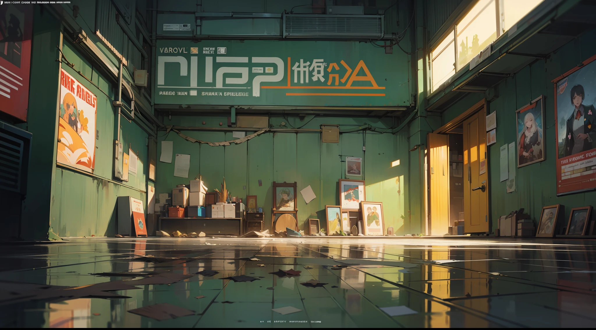 (masterpiece),(illustration with very saturated pulp color), (edges worn paper), (view of the image in full plane), (advertising poster), title letters, (ornaments on the flowered edges), a screen lit with green letters lying on the floor, background a futuristic city, greenish night light, wet floor reflecting, dirt, garbage on the floor, stacked boxes, Metal shelves full of stuff, posters on the walls