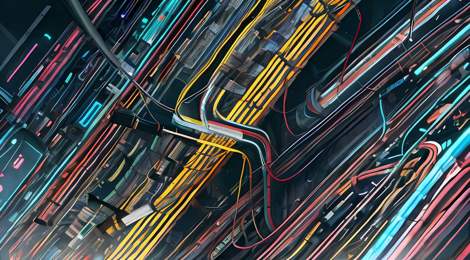 a close up of a city street with lots of traffic lights, colorful wires, intricate wires, cables everywhere, complicated circuits and wires, tangled cables, lots of cables and neon signs, so many wires, wires and tubes, tubes and cables, wires and cables coming out, many wires, wires, lots of wires, digital lines, cables and wires, neon wires