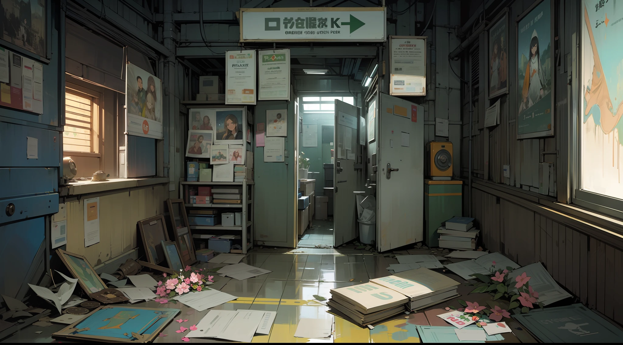 (masterpiece),(illustration with very saturated pulp color), (edges worn paper), (view of the image in full plane), (advertising poster), title letters, (ornaments on the flowered edges), a screen lit with green letters lying on the floor, background a futuristic city, greenish night light, wet floor reflecting, dirt, garbage on the floor, stacked boxes, Metal shelves full of stuff, posters on the walls
