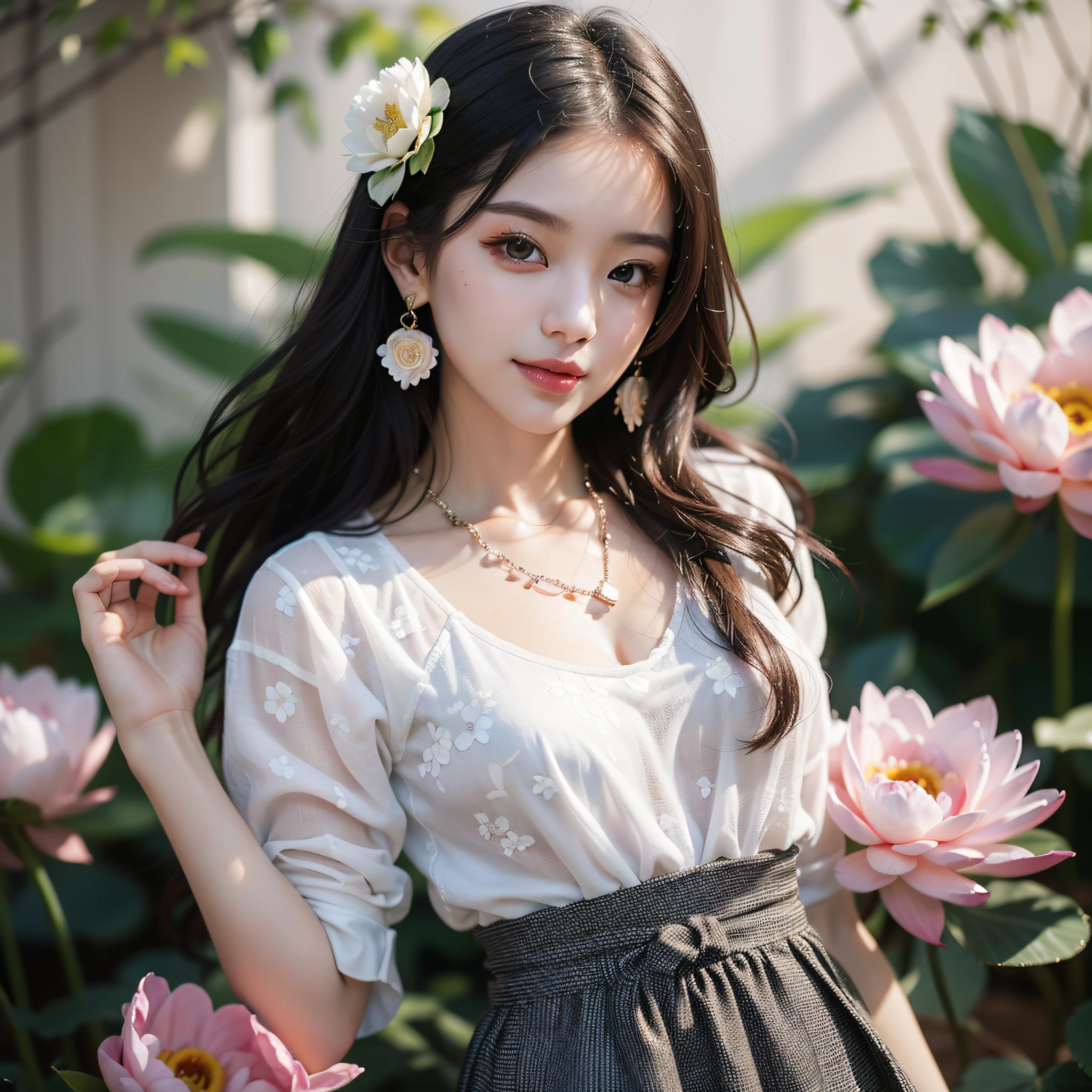 ((Best Quality, 8K, Masterpiece: 1.3)), 1girl, 1 girl, blush, (seductive smile: 0.8),, hair accessory, necklace, jia, tyndall effect, realistic, light edge, two-tone lighting, 8K ultra hd, DSLR, high quality, volumetric lighting, sneak peek, photo, high resolution, 4k, 8k, background bokeh, gorgeous clothes, earrings, 35mm, high detail hair, upper body, bust, portrait, ultra clear face, (lakeside, meadow), slender beauty, (long hairstyle casual, :1.2), Gorgeous dress: 1.1, Super fine face, Fine eyes, Double eyelids, black and white mixed clothes, necklaces, earrings, (dresses, slip skirts, hip skirts, shirts,) light and shadow, high detail light and shadow, (flowers, lotuses, peonies, roses) (clothes print)