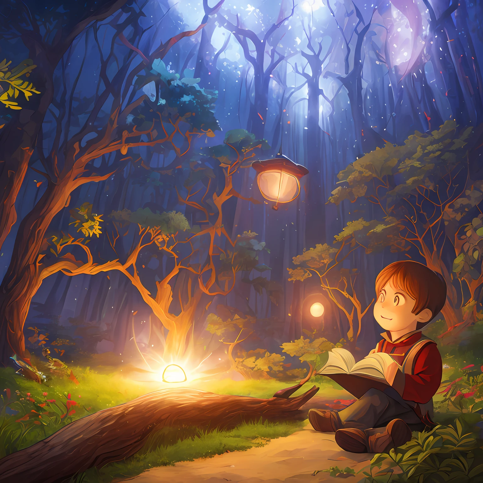 An image showing Lucas holding the old book "The Land of Dreams" with an expression of surprise and curiosity as the bright light of the magic tree begins to envelop him, 4k cartoon art --auto