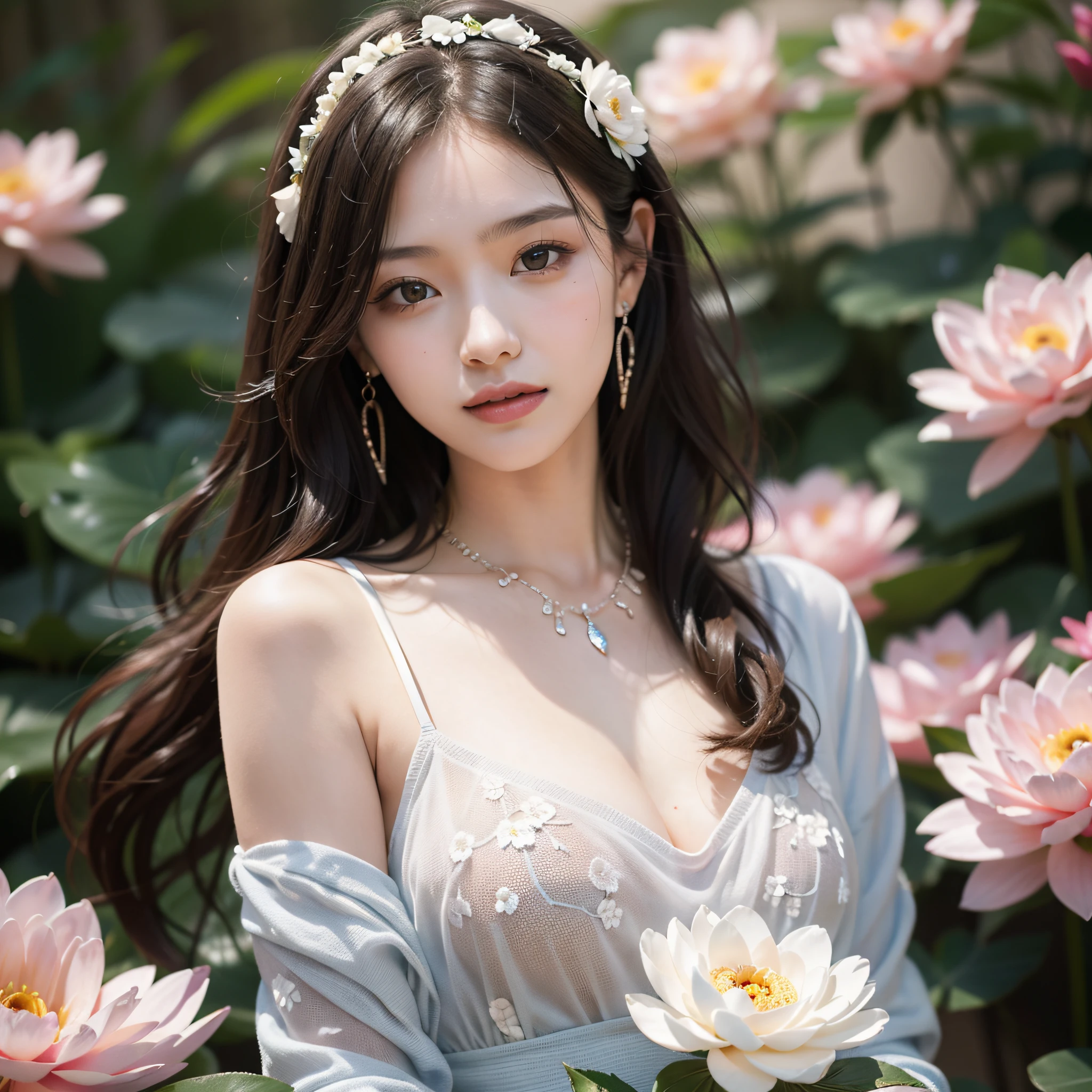 ((Best Quality, 8K, Masterpiece: 1.3)), 1girl, 1 girl, blush, (seductive smile: 0.8),, hair accessory, necklace, jia, tyndall effect, realistic, light edge, two-tone lighting, 8K ultra hd, DSLR, high quality, volumetric lighting, sneak peek, photo, high resolution, 4k, 8k, background bokeh, gorgeous clothes, earrings, 35mm, high detail hair, upper body, bust, portrait, ultra clear face, (lakeside, meadow), slender beauty, (long hairstyle casual, :1.2), Gorgeous dress: 1.1, Super fine face, Fine eyes, Double eyelids, black and white mixed clothes, necklaces, earrings, (dresses, slip skirts, hip skirts, shirts,) light and shadow, high detail light and shadow, (flowers, lotuses, peonies, roses) (clothes print)