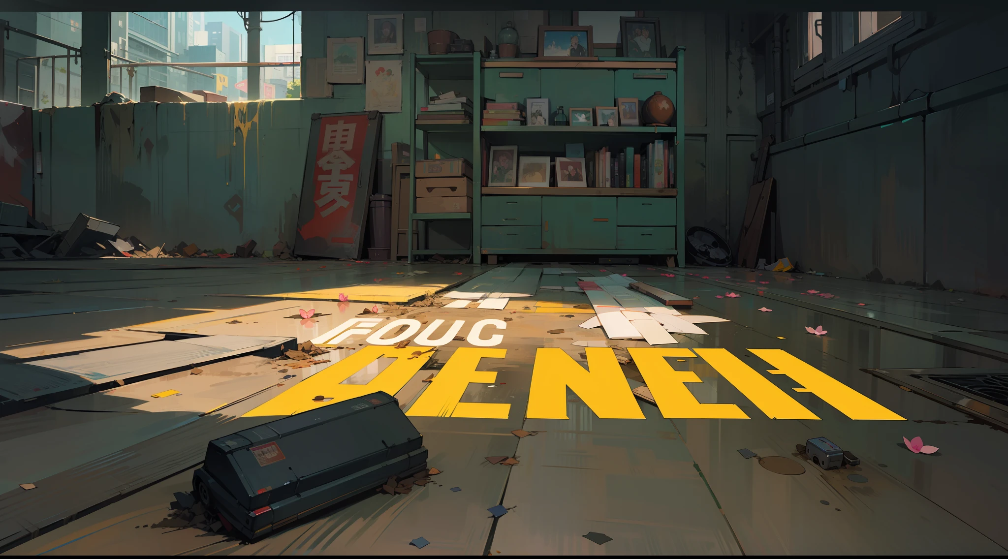 (masterpiece),(illustration with very saturated pulp color), (edges worn paper), (view of the image in full plane), (advertising poster), le letters, (ornaments on the flowered edges), a screen lit with green letters lying on the floor, background a futuristic city, greenish night light, wet floor reflecting, dirt, gar on the floor, stacked boxes, Metal shelves full of stuff, posters on the walls