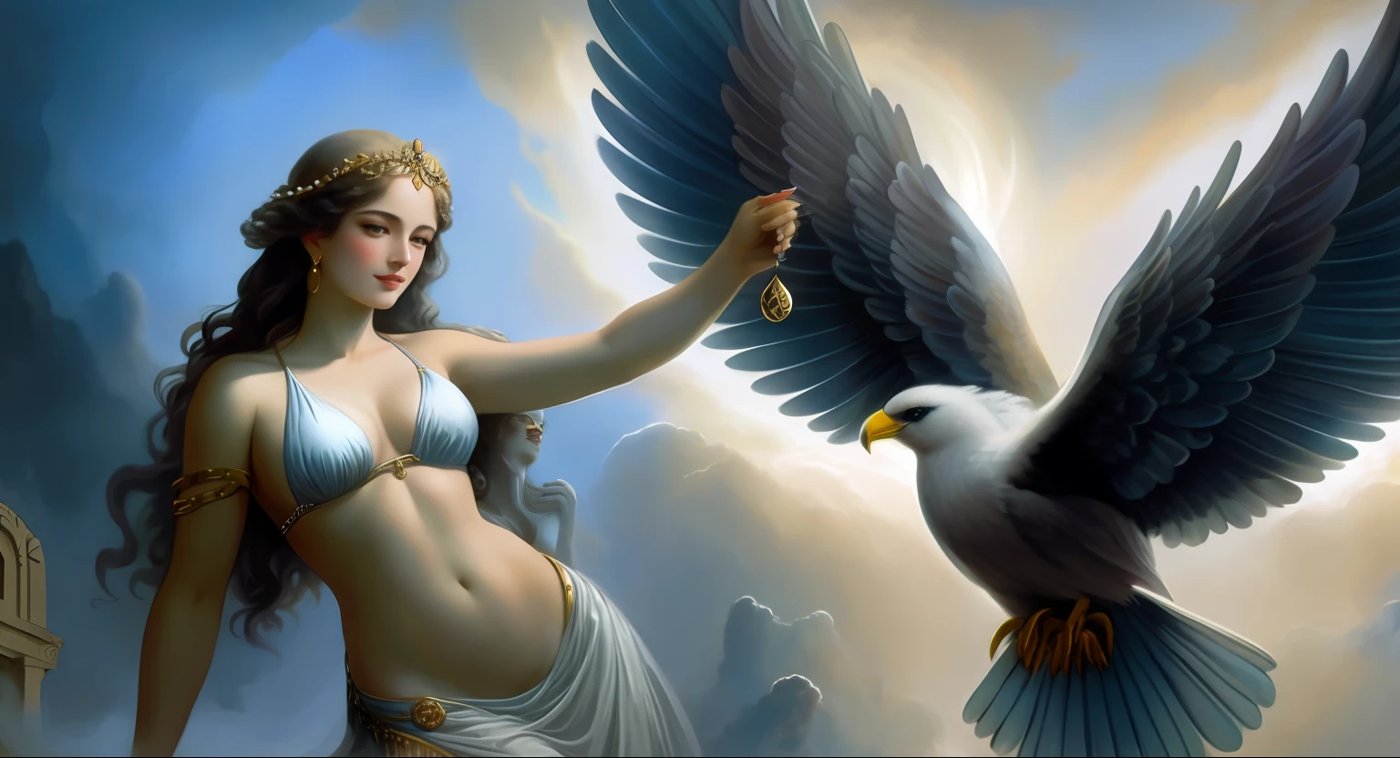 a woman in a bikini holding a bird in her hand, goddess of greek mythology, greek myth digital painting, earth goddess mythology, goddess. extremely high detail, luis ricardo falero, venus godness athena, greek goddess athena, the goddess hestia, greek goddess, aphrodite goddess of love, norse goddess, beautiful goddess, athena goddess of wisdom