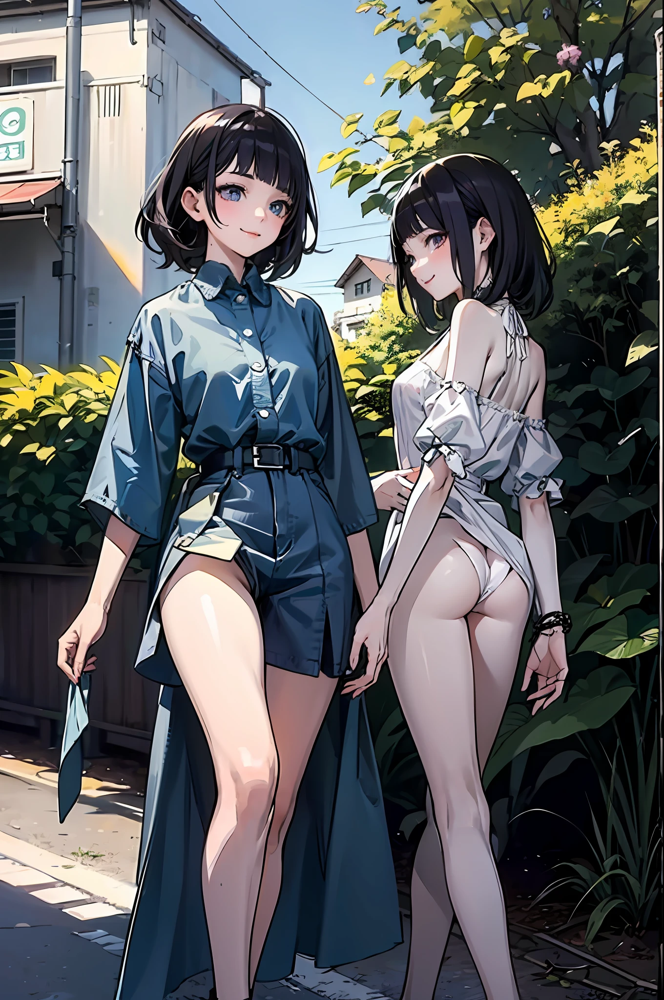 Best image quality, high image quality, masterpiece, black hair Park Walk Shy smile The wind blows and you can see you perfectly 16 year old girl Not wearing panties Two girls I can see the crack of the NSFW Beautiful braless undressing ,,, Doing,,