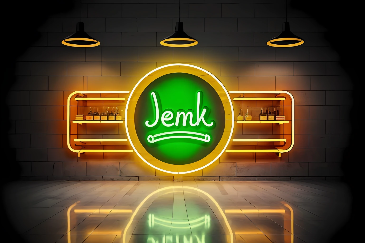 design a logo for a lemon-themed store, store name LEMONNLED, USE THE STORE NAME IN IMAGEN, futuristic, green neon lamp type, on a realistic dark brick wall