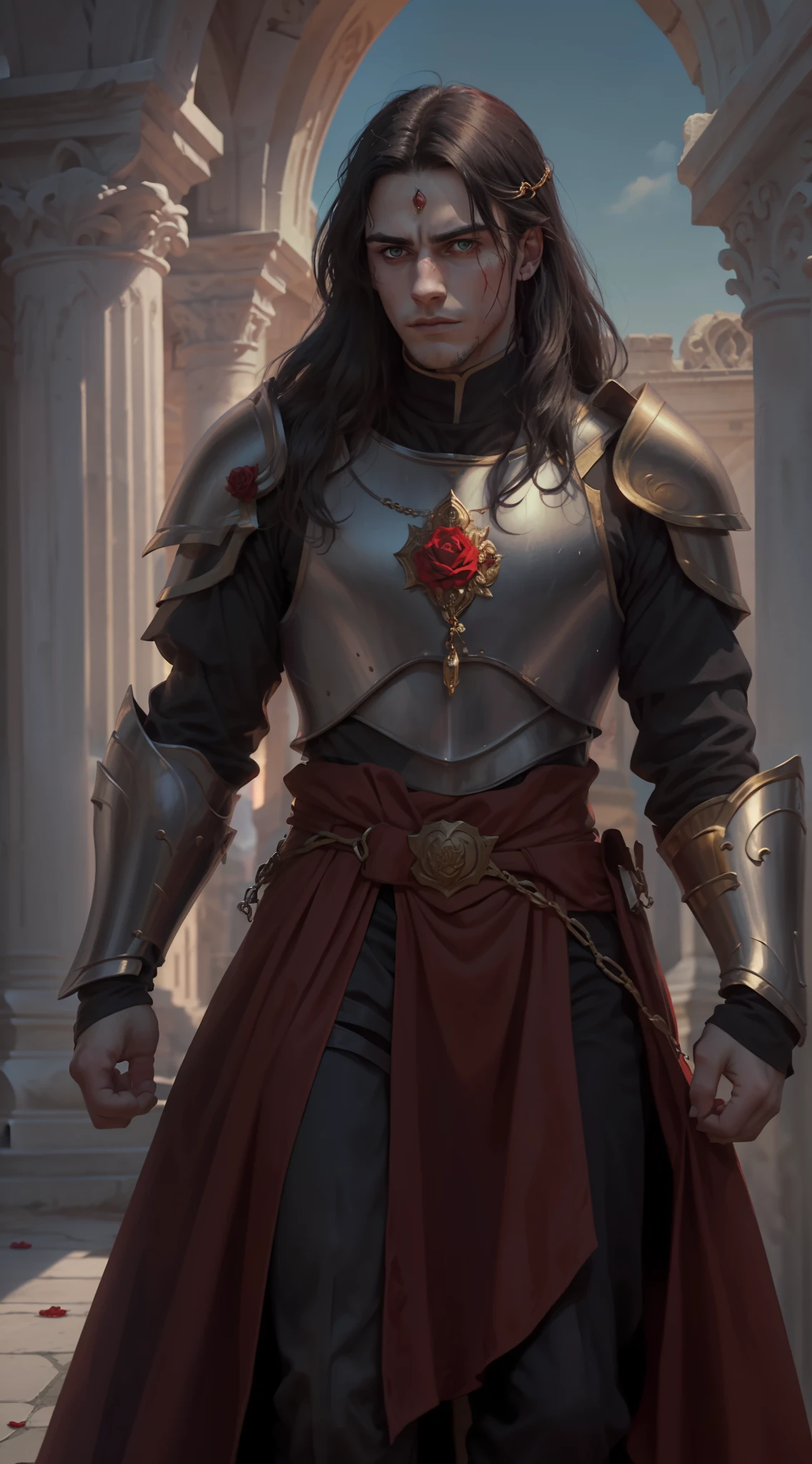 A young man, (((solo))), (25 years old, pale skin, tall, pale skin, round face, square jaw, serene look, completely red eyes, long black hair with bangs: 1.50, thick eyebrow, straight face), (he has a small red jewel in the middle of his forehead: 1.30) (he is a holy paladin, wears a costume of noble red and white long fabric, with golden plate armor, halo), (he is bleeding, with his fist on his chest beating continence, with a rosary in hand, in an ancient city, with white marble structures, with a rose garden in the background, blue sky, closeup, medieval fantasy), (he conjures a red energy around him)