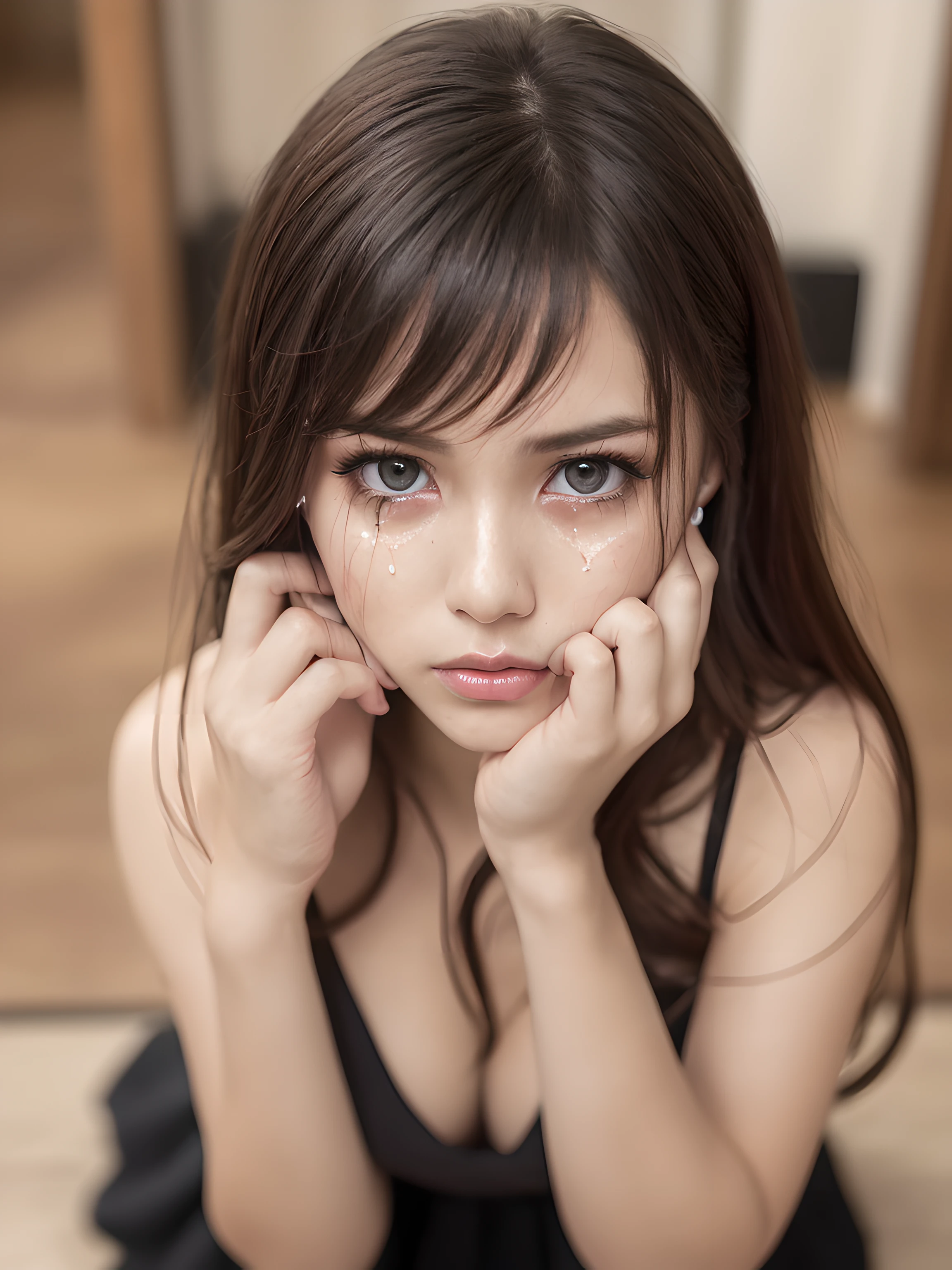 (masterpiece), (portrait), (aesthetic), (beautiful), (upper blody), (high quality), (aesthetic clothings), (professional angle), (rule of thirds), (Feminine), (woman), (female), (beautiful),(feminine features), (21 years), solo, 1 woman, (attractive Japanese), Spring, (-), (Evening), (Soft Lighting light), ((Kneeling on the Floor, Hands Covering Face, Tears Flowing)), (Kneeling Hands), ((Looking Down Face)), ((Crying)), (Natural Make-up), (Any Bust), (-), ((Long Hair)), (Black Hair), (Straight Hair), (Loose hair), (- in Hair), (Wide Open Eyes), (Brown Eyes), (Distraught Look), Fair skin, (- Clothing), (Casual), (-), (Skirt ), (Round Neck Neckline), ((Indoor Setting background)), (Close-Up Shot), beautiful hands, two hands, normal hands, two arms, complete hands, beautiful body, beautiful fingers, normal fingers, five fingers, five fingers, beautiful ears, normal ears, beautiful eyes, shiny eyes, beautiful mouth, beautiful lips,