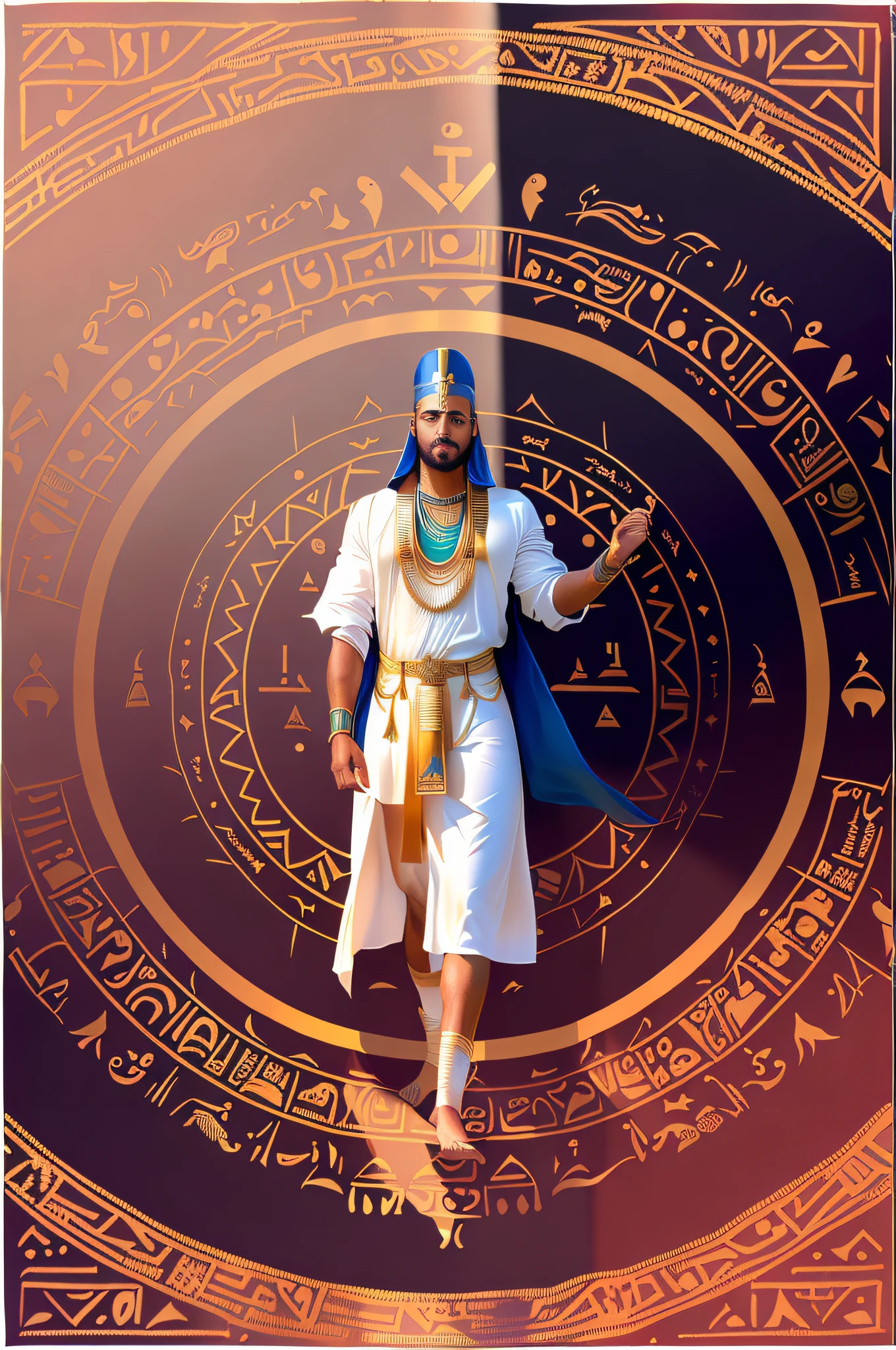 arafed image of a man in a white robe and a blue cape, wind egyptian god, ancient kings in white robes, the egyptian god, egypt god, brown skin man egyptian prince, egyptian god, kemetic symbolism, accurate to egyptian tradition, pharaoh clothes, the annunaki making humans, egyptian warrior, egyptian clothing, photo of ghost of anubis