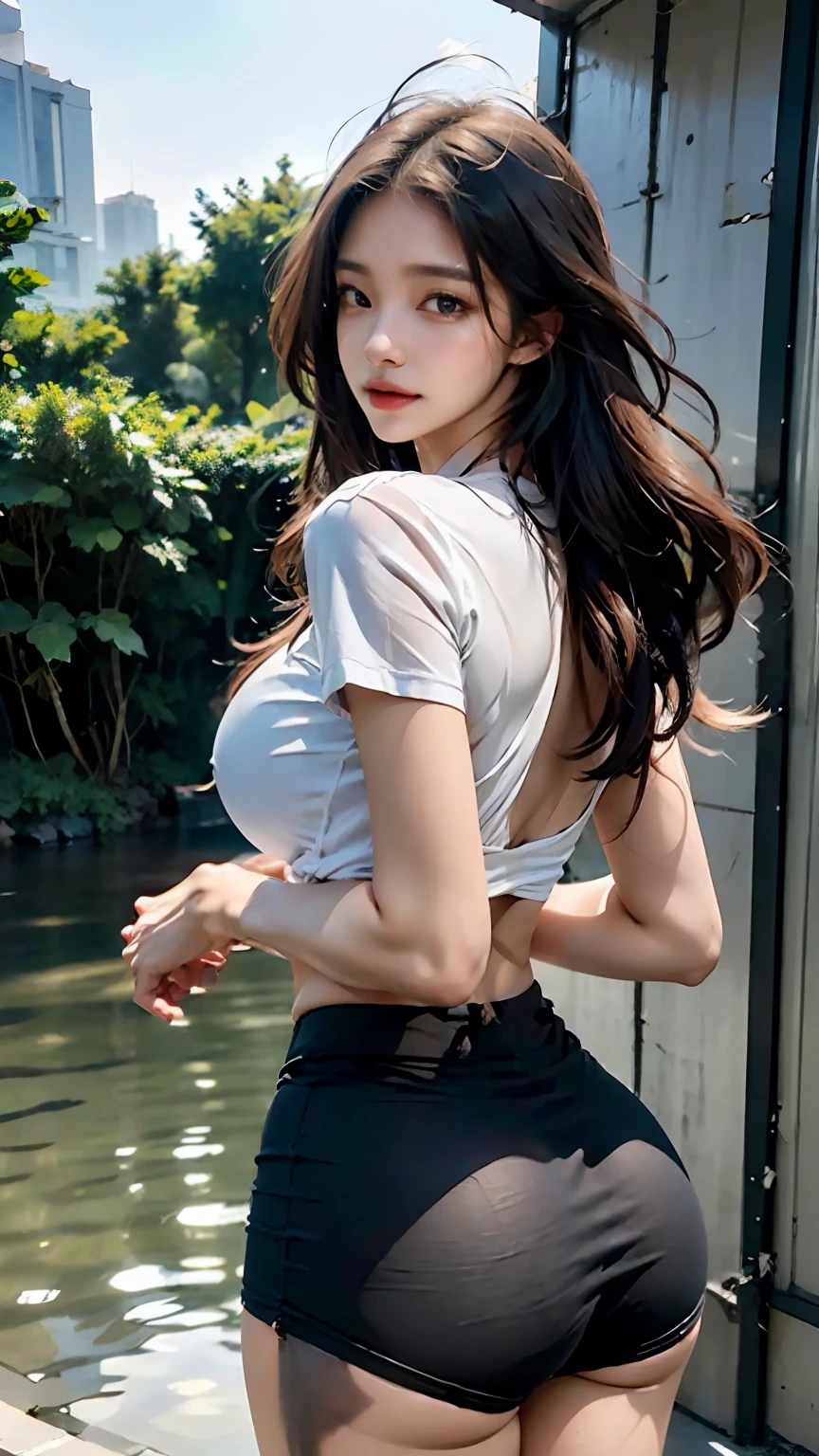 Beautiful woman with wavy hair, delicate and charming eyes, notch on thigh, long sexy legs, t-shirt in small shorts, beautiful city, fog, humidity, rain, best quality masterpiece, realistic, detailed, 8k, HDR, shallow depth of field, wide light, high contrast, backlight, flood, flash, chromatic aberration, sharp focus, RAW color photo