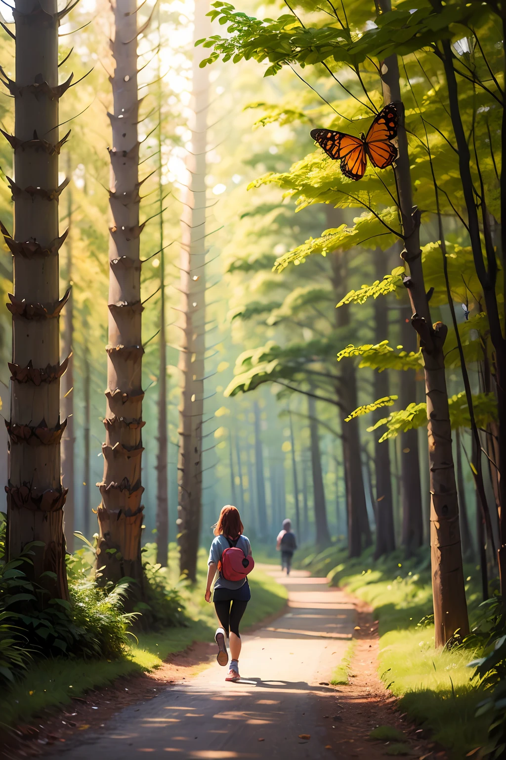 Woman walking in pants and sneakers in the forest going on her back and with many butterflies flying around oil painting more butterflies
