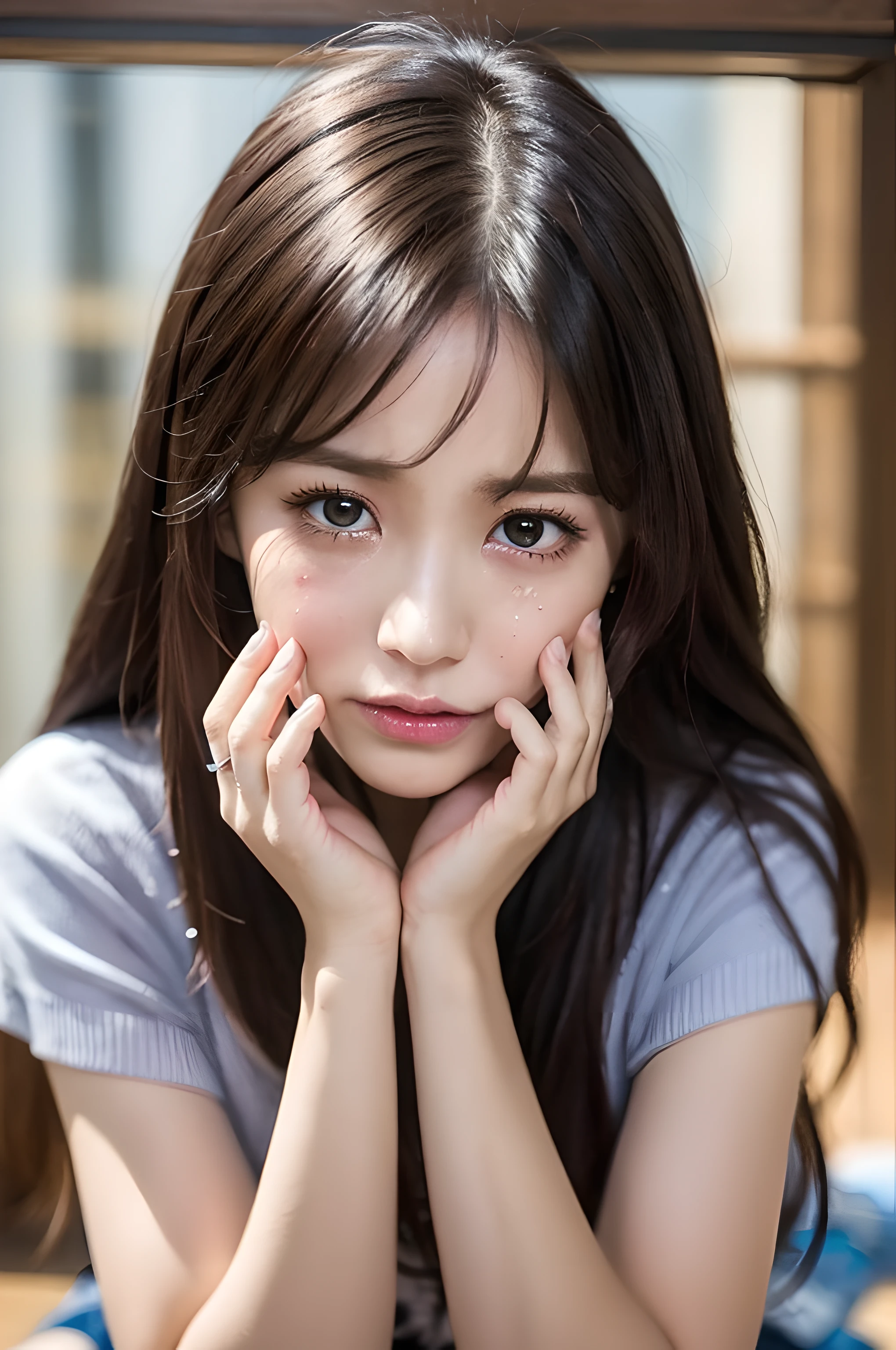 (masterpiece), (portrait), (aesthetic), (beautiful), (upper blody), (high quality), (aesthetic clothings), (professional angle), (rule of thirds), (Feminine), (woman), (female), (beautiful),(feminine features), (21 years), solo, 1 woman, (attractive Japanese), Spring, (-), (Evening), (Soft Lighting light), ((Kneeling on the Floor, Hands Covering Face, Tears Flowing)), (Kneeling Hands), ((Looking Down Face)), ((Crying)), (Natural Make-up), (Any Bust), (-), ((Long Hair)), (Black Hair), (Straight Hair), (Loose hair), (- in Hair), (Wide Open Eyes), (Brown Eyes), (Distraught Look), Fair skin, (- Clothing), (Casual), (-), (Skirt ), (Round Neck Neckline), ((Indoor Setting background)), (Close-Up Shot), beautiful hands, two hands, normal hands, two arms, complete hands, beautiful body, beautiful fingers, normal fingers, five fingers, five fingers, beautiful ears, normal ears, beautiful eyes, shiny eyes, beautiful mouth, beautiful lips,