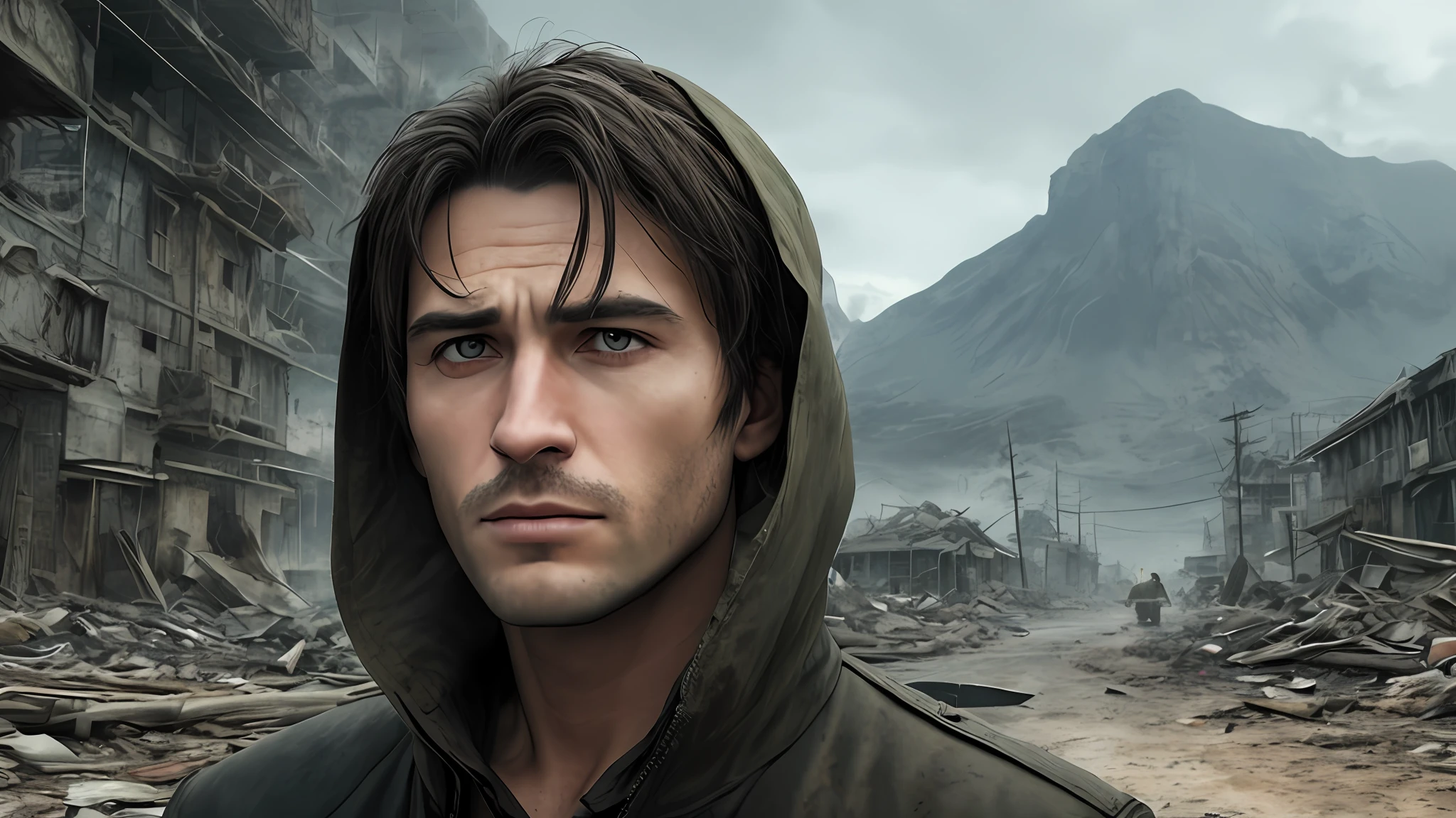 A fictional man in an apocalyptic place, well-detailed face