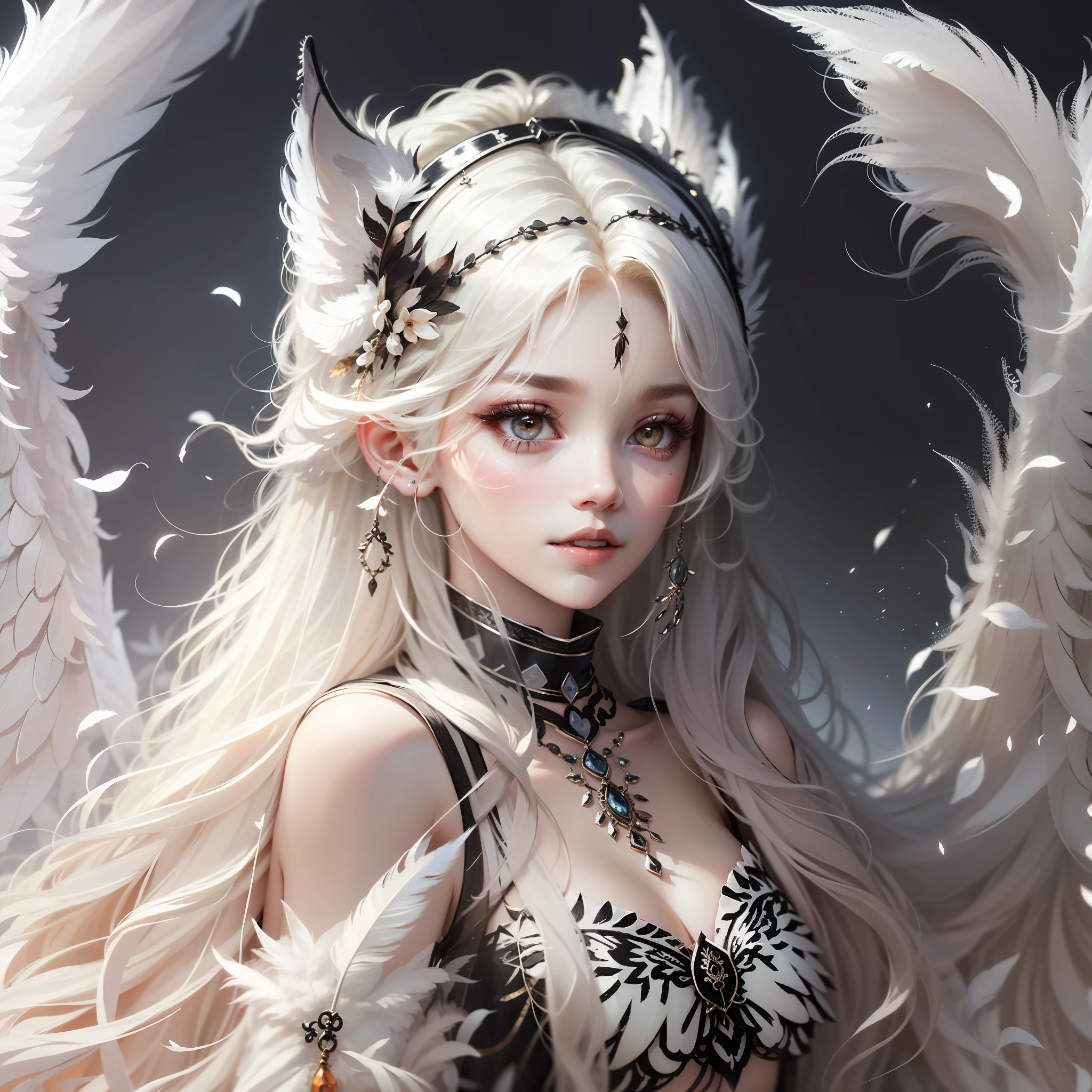 Best quality, twins, super beautiful girl, beautiful long hair, black and white wings, white wolf ears, feather headdress, gentle and temperamental, indifferent eyes, apricot eyes, long eyelashes, hazy background