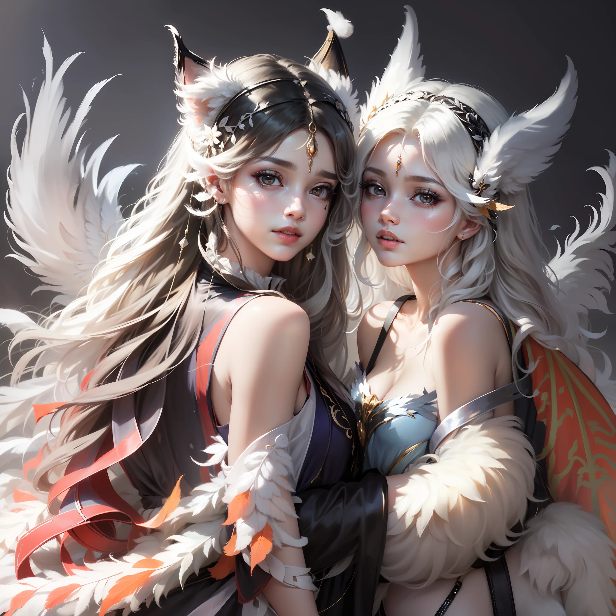 Best quality, twins, super beautiful girl, beautiful long hair, black and white wings, white wolf ears, feather headdress, gentle and temperamental, indifferent eyes, apricot eyes, long eyelashes, hazy background