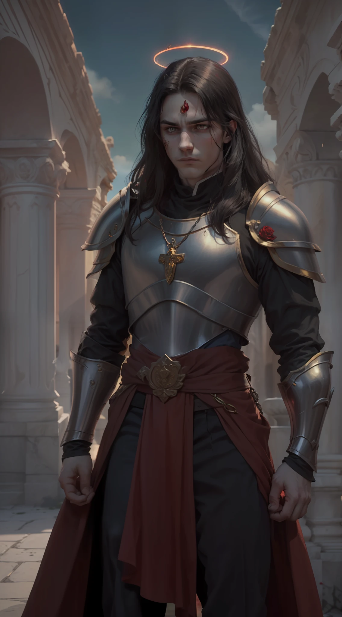 A young man, (((solo))), (25 years old, pale skin, tall, pale skin, round face, square jaw, serene look, completely red eyes, long black hair with bangs: 1.50, thick eyebrow, straight face), (he has a small red jewel in the middle of his forehead: 1.30) (he is a holy paladin, wears a costume of noble red and white long fabric, with golden plate armor, halo), (he is bleeding, with his fist on his chest beating continence, with a rosary in hand, in an ancient city, with white marble structures, with a rose garden in the background, blue sky, closeup, medieval fantasy), (he conjures a red energy around him)