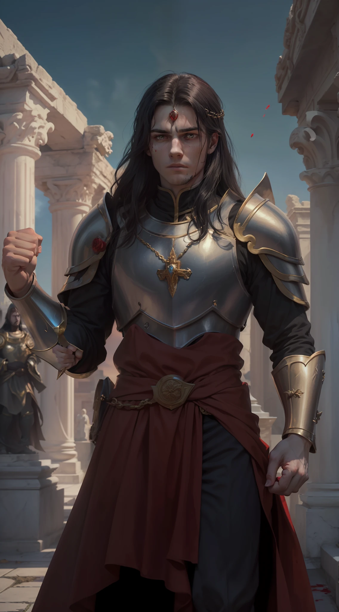 A young man, (((solo))), (25 years old, pale skin, tall, pale skin, round face, square jaw, serene look, completely red eyes, long black hair with bangs: 1.50, thick eyebrow, straight face), (he has a small red jewel in the middle of his forehead: 1.30) (he is a holy paladin, wears a costume of noble red and white long fabric, with golden plate armor, halo), (he is bleeding, with his fist on his chest beating continence, with a rosary in hand, in an ancient city, with white marble structures, with a rose garden in the background, blue sky, closeup, medieval fantasy), (he conjures a red energy around him)
