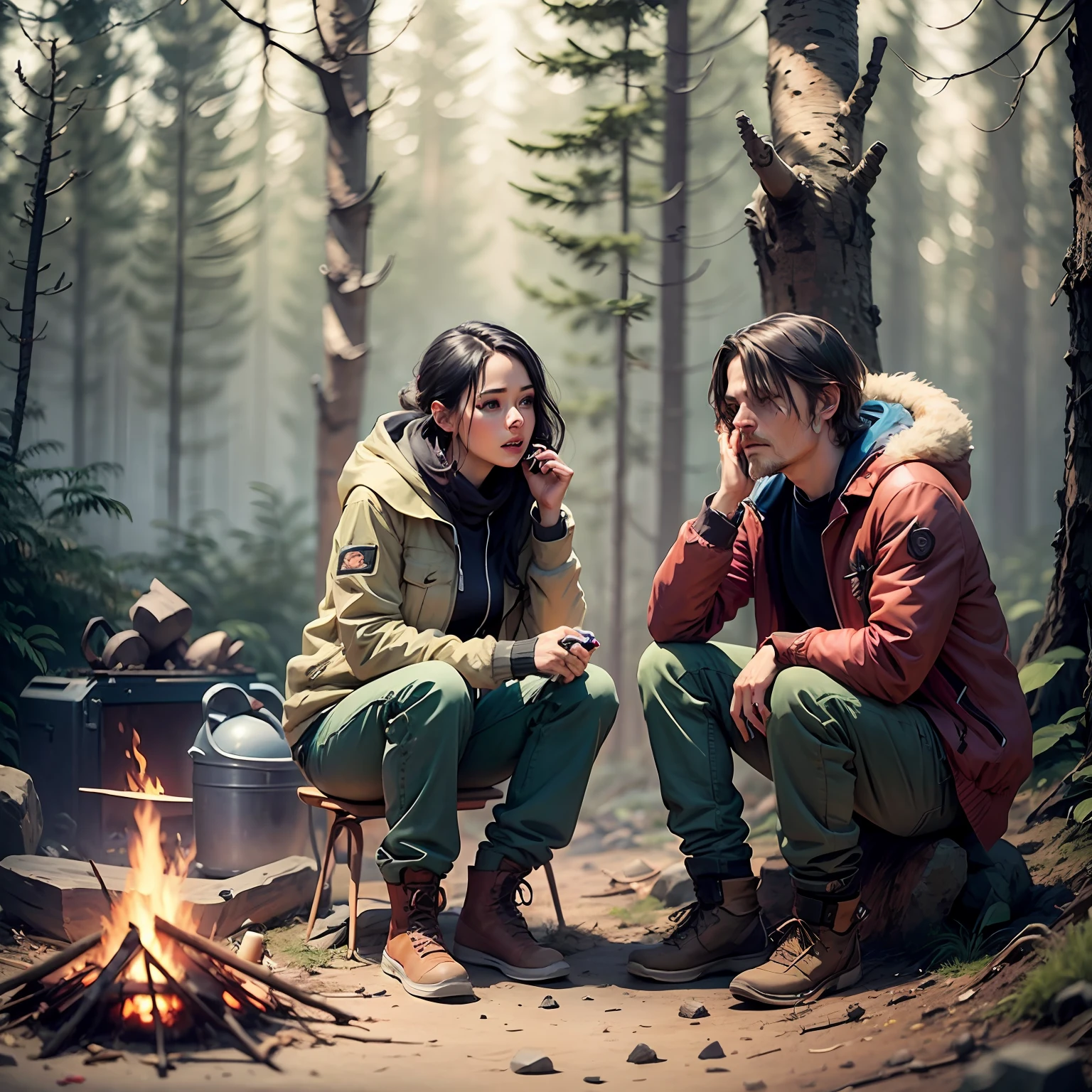 In the vicinity of a small campfire, Norman Reedus talking to a beautiful woman. --seed 845406844