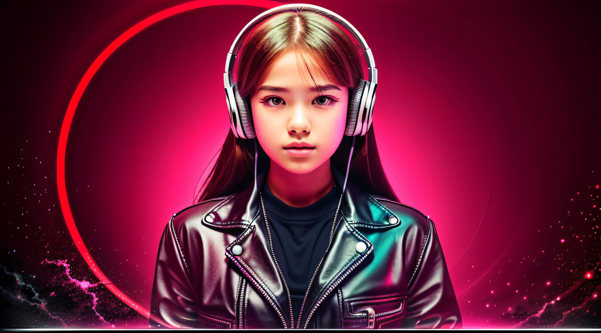 GIRL child 12 years old, RUSSIAN BLONDE long hair and headphones, portrait, SILVER LEATHER JACKET, VINYL AND CDS red background.