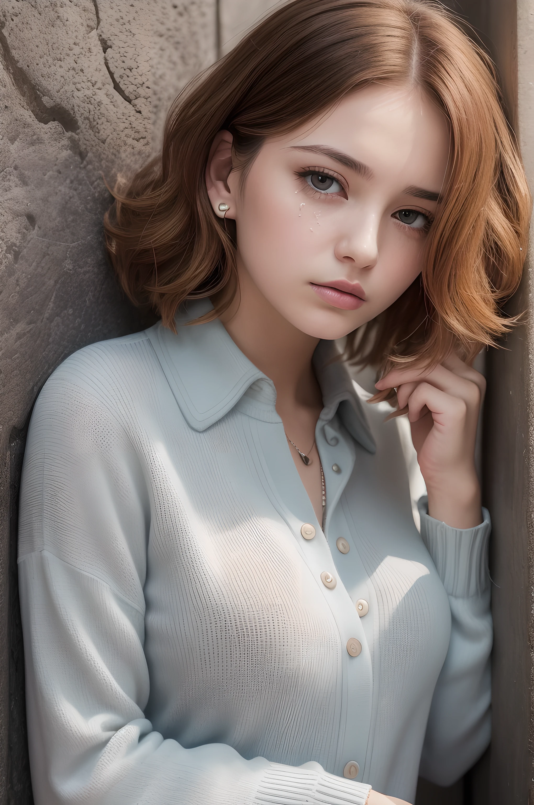 (masterpiece), (portrait), (aesthetic), (beautiful), (upper blody), (high quality), (aesthetic clothings), (professional angle), (rule of thirds), (Feminine), (woman), (female), (beautiful),(feminine features), (21 years), solo, 1 woman, (attractive British), Summer, (-), (Evening), (Soft Lighting light), ((Leaning Against a Wall, Tears Streaming Down, Distant Look)), (Hands on Wall Hands), ((Looking Away Face)), ((Sadness)), (Natural Make-up), (Any Bust), (-), ((Short Hair)), (Auburn Hair), (Curly Hair), (Loose hair), (- in Hair), (Wide Open Eyes), (Hazel Eyes), (Pensive Look), Fair skin, (- Clothing), (Casual Blouse), (Cardigan), (Jeans ), (Collared Neckline), ((Urban Setting background)), (Medium Shot Shot), beautiful hands, two hands, normal hands, two arms, complete hands, beautiful body, beautiful fingers, normal fingers, five fingers, five fingers, beautiful ears, normal ears, beautiful eyes, shiny eyes, beautiful mouth, beautiful lips,