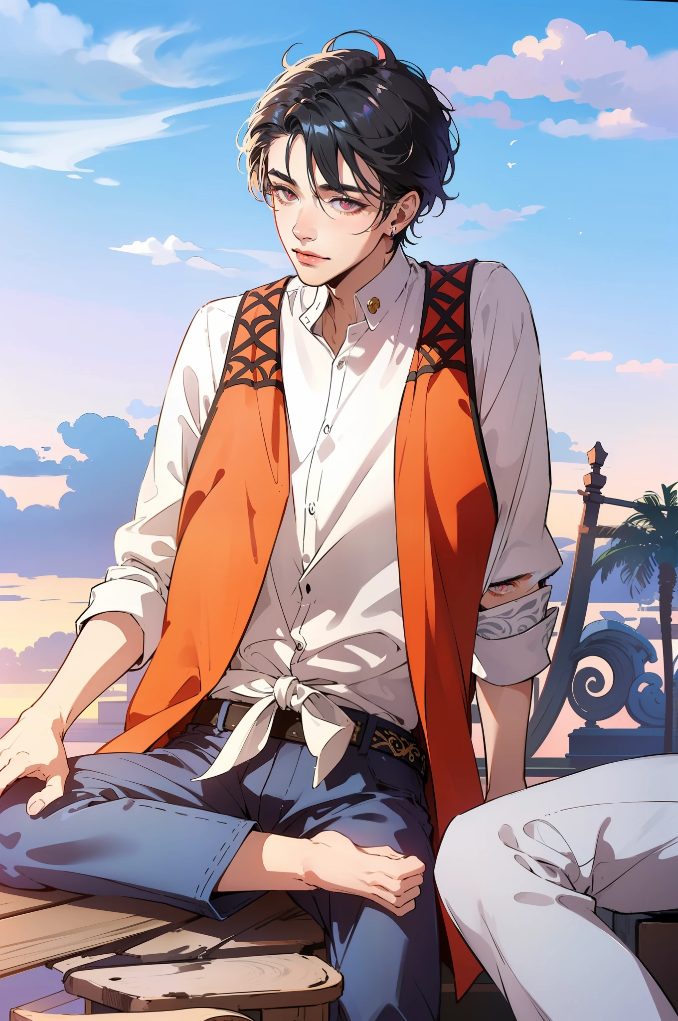 (((1boy))), ((toned)), male focus, masterpiece, high quality, (masterpiece:1.2), (best quality:1.2), shiny, realistic, ornate, intricate skin, jeweled ears, ((black and white hair)), (short hair), pink eyes, bangs, hair between eyes, hair_stick, idol_boy, idol_clothes, jewelry, solo, hair_bun, hair_ornament, hair_pin, holding_fan, paper_fan, elegant, looking_at_viewer, holding_fan, red_eyeliner, FH, gentle eyes, looking at the horizon, constricted pupils, dynamic pose, (shadows cast over the face:1.3), dark room, shadow room, sweet smile, (upper body)