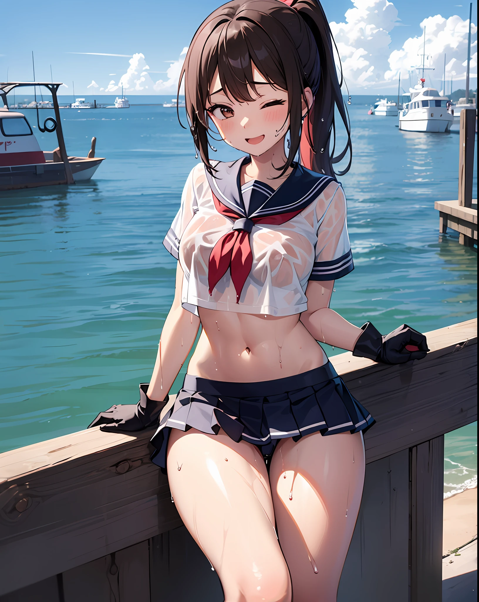 1ung_teirls、loli、bwn_hair、short_ponytail, long_bangs、blue_midriff_baring_sailor_uniform、mini_skirt、short_sleeve、thighthighs、big_tits, sleepy, Sorrisos、open_mouth、dynamic_pose, childlike_posing ,harbor,dock_background、spread_legs、happiness、NSFW、short_gloves, (wet:1.4),transparent,covered_nipples, covered_crotch, under_tits, sweat, bare_thighs, (groin:1.5),