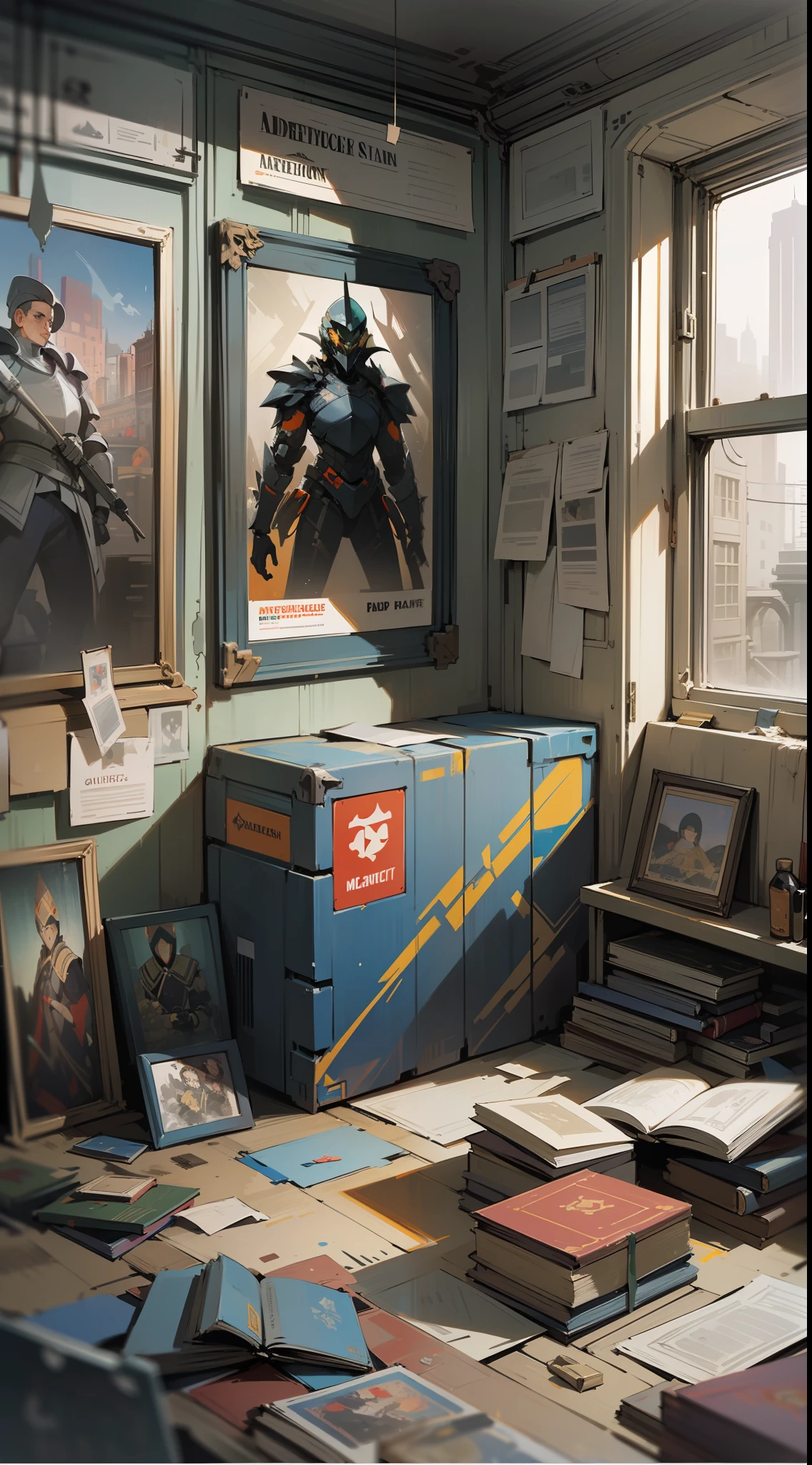 (masterpiece),(((illustration with very saturated pulp color))), (worn paper borders), (full-plane view of the image), ((advertising poster)), ((title letters at the top of the illustration)), (ornaments on the edges of the flowered image),((((a soldier in black futuristic armor reading an old book)))), background a futuristic city, gray afternoon light, wet floor reflecting, dirt, trash on the floor, stacked boxes, metal shelves full of stuff, posters on the walls