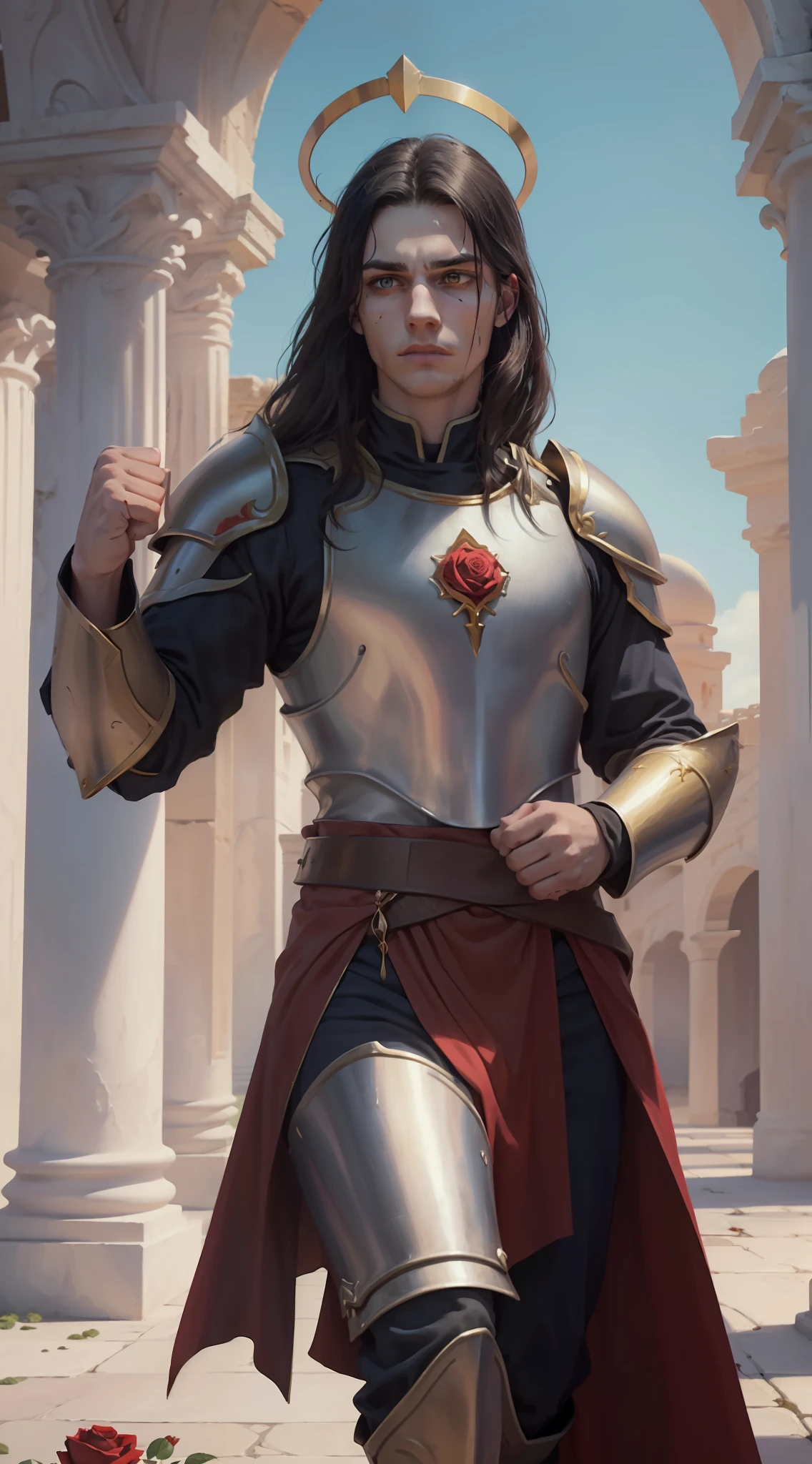 A young man, (((solo))), (25 years old, pale skin, tall, pale skin, round face, square jaw, serene look, completely red eyes, long black hair with bangs: 1.50, thick eyebrow, straight face), (he has a small red jewel in the middle of his forehead: 1.30) (he is a holy paladin, wears a costume of noble red and white long fabric, with golden plate armor, halo), (he is bleeding, with his fist on his chest beating continence, with a rosary in hand, in an ancient city, with white marble structures, with a rose garden in the background, blue sky, closeup, medieval fantasy), he is armed with a golden magic spear