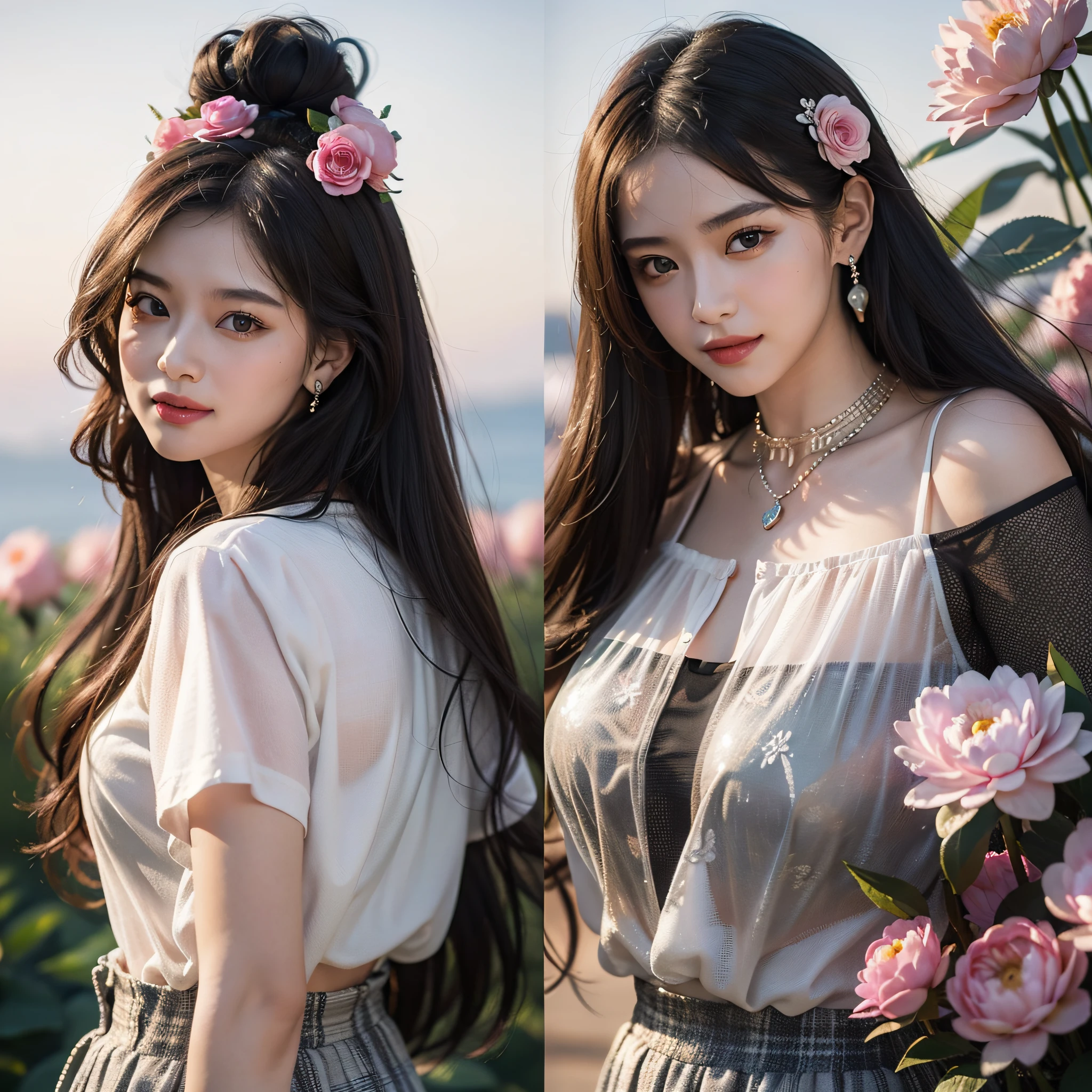 ((Best Quality, 8K, Masterpiece: 1.3)), 1girl, 1 girl, blush, (seductive smile: 0.8),, hair accessory, necklace, jia, tyndall effect, realistic, light edge, two-tone lighting, 8K ultra hd, DSLR, high quality, volumetric lighting, sneak peek, photo, high resolution, 4k, 8k, background bokeh, gorgeous clothes, earrings, 35mm, high detail hair, upper body, bust, portrait, ultra clear face, (lakeside, meadow), slender beauty, (long hairstyle casual, :1.2), Gorgeous dress: 1.1, Super fine face, Delicate eyes, Double eyelids, black and white mixed clothes, necklaces, earrings, (dresses, slip skirts, hip skirts, shirts,) light and shadow, high detail light and shadow, (flowers, lotuses, peonies, roses) (clothes print) lace edges