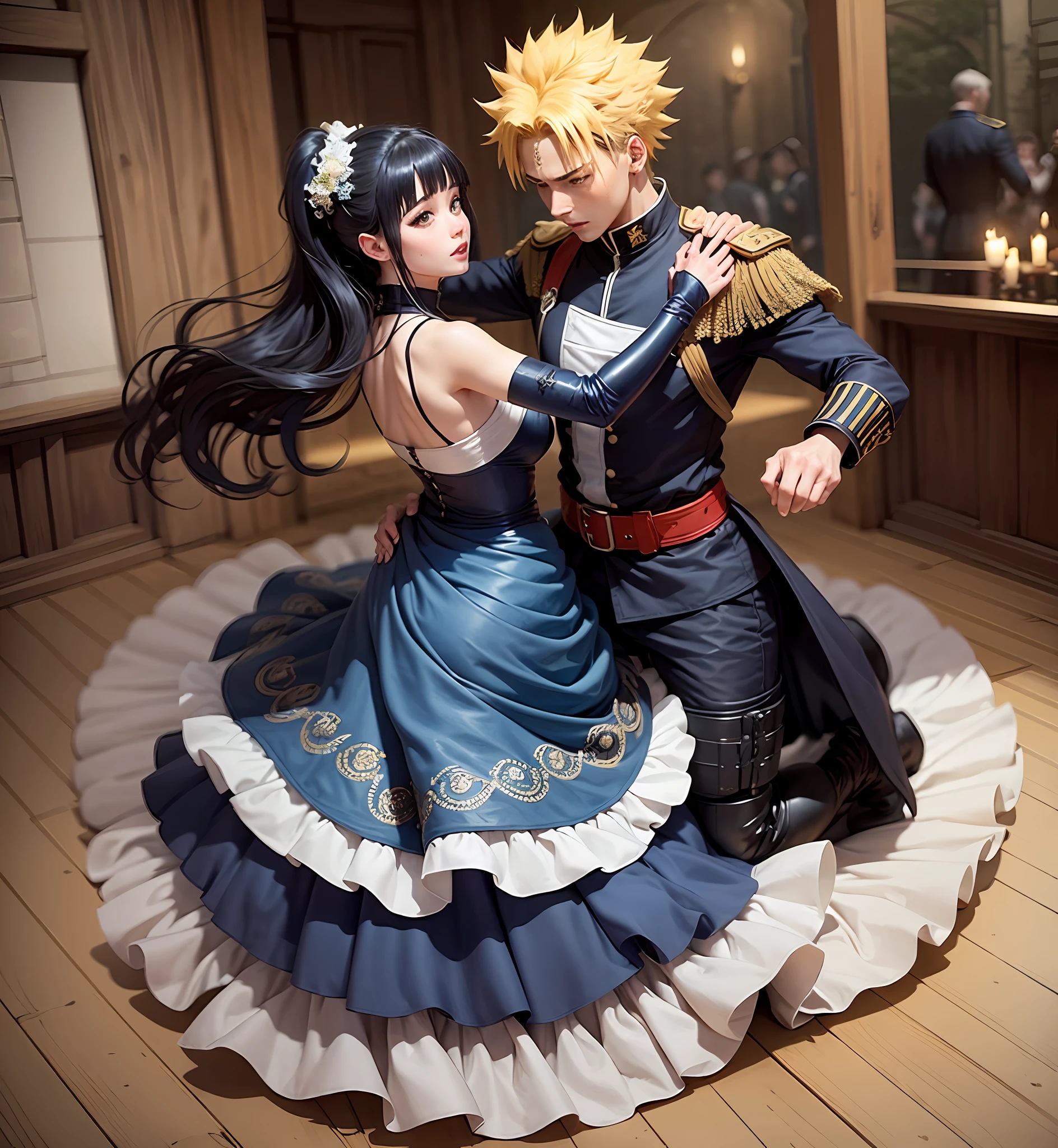 "Hinata Hyuga wearing a medieval dark blue dress with curly dark blue hair and Naruto Uzumaki with blonde hair and medieval military attire dancing a series of waltzes in a ballroom." --auto --s2