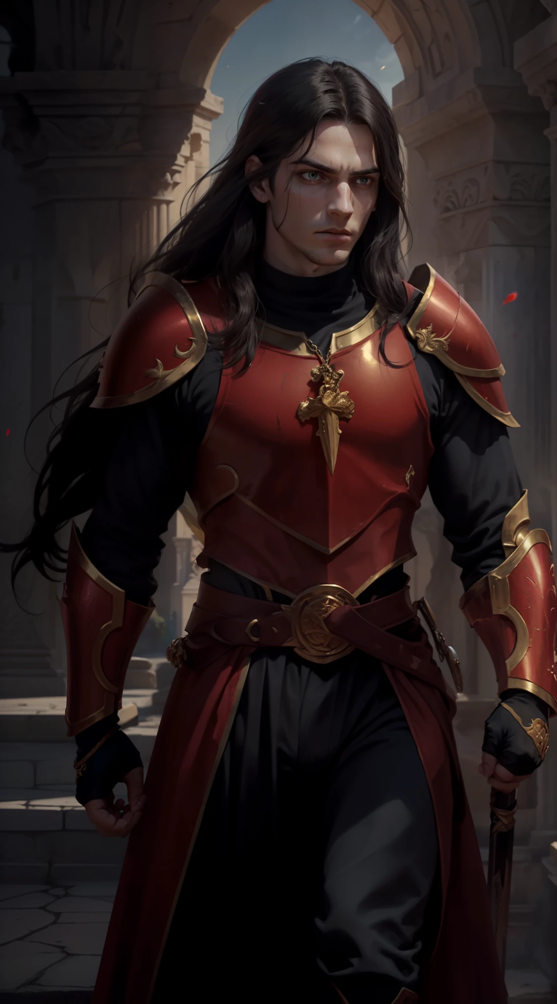 A young man, (((solo))), (25 years old, pale skin, tall, pale skin, round face, square jaw, serene look, completely red eyes, long black hair with bangs: 1.50, thick eyebrow, straight face), (he has a small red jewel in the middle of his forehead: 1.30) (he is a holy paladin, wears a costume of noble red and white long fabric,  with golden plate armor, halo), (he is bleeding, with his fist on his chest beating continence, with a rosary in hand, in an ancient city, with white marble structures, with a rose garden in the background, blue sky, closeup, medieval fantasy), (he conjures a red energy around him), (he wields a golden sacred spear)