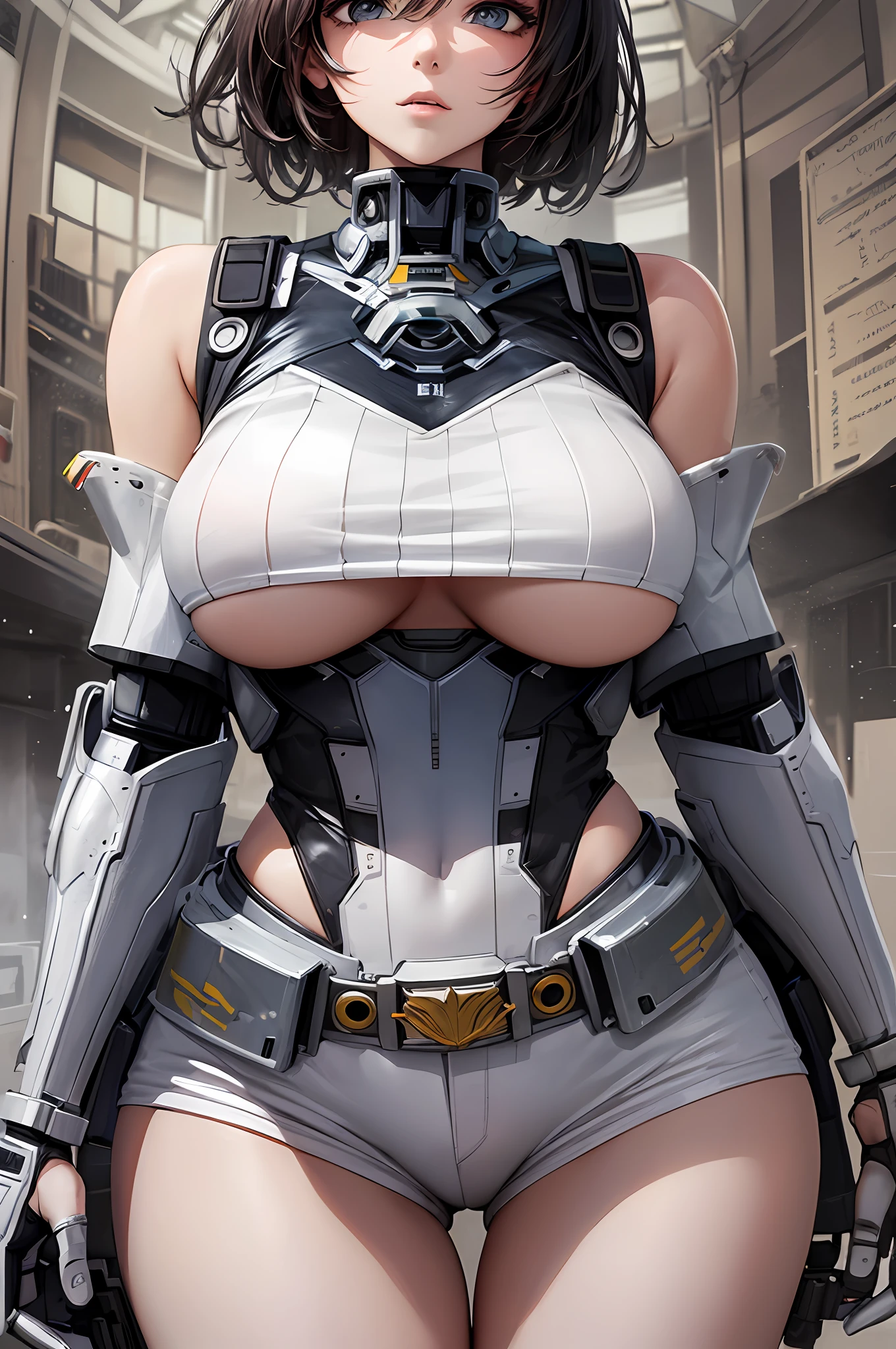 big boobs,(masterpiece), best quality, extremely detailed, (watercolor), bloom, delicate and beautiful, illustration, (from below),(1girl:1.4), (solo:1.2), large breasts, (ribbed sweater:1.3), off-shoulder sweater, (short shorts:1.2), bare shoulders, (underboob:1.2), ((dark skin:0.8)), beautiful eyes, (disheveled hair ), photography, over-the-shoulder shot, by Alex Maleev, professional, canon camera, nikon camera, sharp, bokeh, studio quality, fisheye lens, by Robert Capa ,araffe with a huge body and a huge body in a cosplay, girl in mecha cyber armor, ferra white mecha, female mecha, mechanized valkyrie girl, beutiful white girl cyborg, armor girl, clothed in sci-fi military armor, scifi woman, in white futuristic armor, gorgeous female paladin, mechanized soldier girl --auto --s2