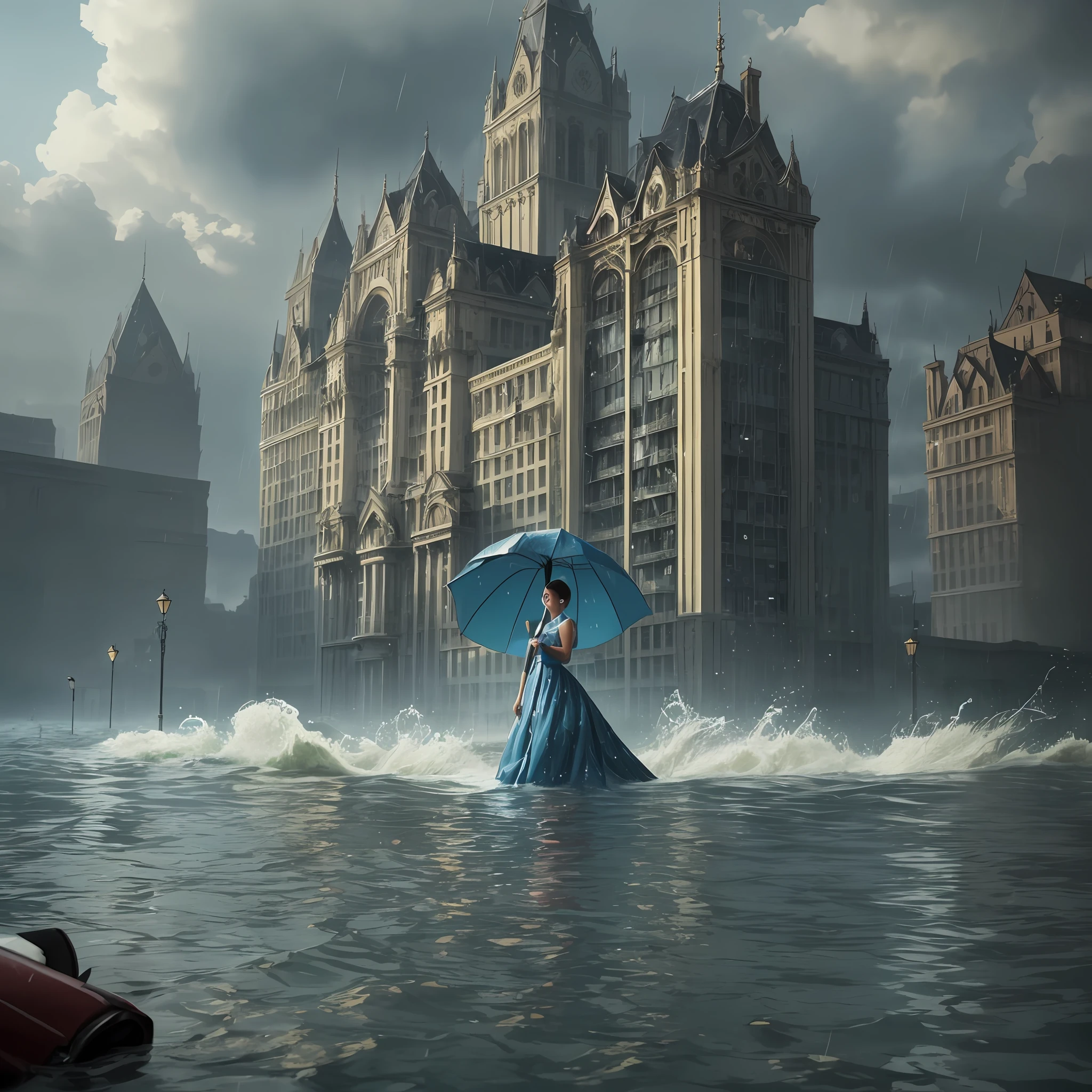 Outfit: A long, flowing dress in shades of blue, representing the rising waters of a flood.
Props: Carried a miniature model of a submerged city, symbolizing the destructive flooding.
Makeup: Watery effects on the face, resembling tears and overflowing rivers.
Hairstyle: Wet and tousled hair, as if soaked by torrential rains.
Expression: A mix of sadness and empathy, capturing the devastation caused by a flood.
Background Design: A submerged cityscape with flooded streets, floating debris, and waterlogged buildings