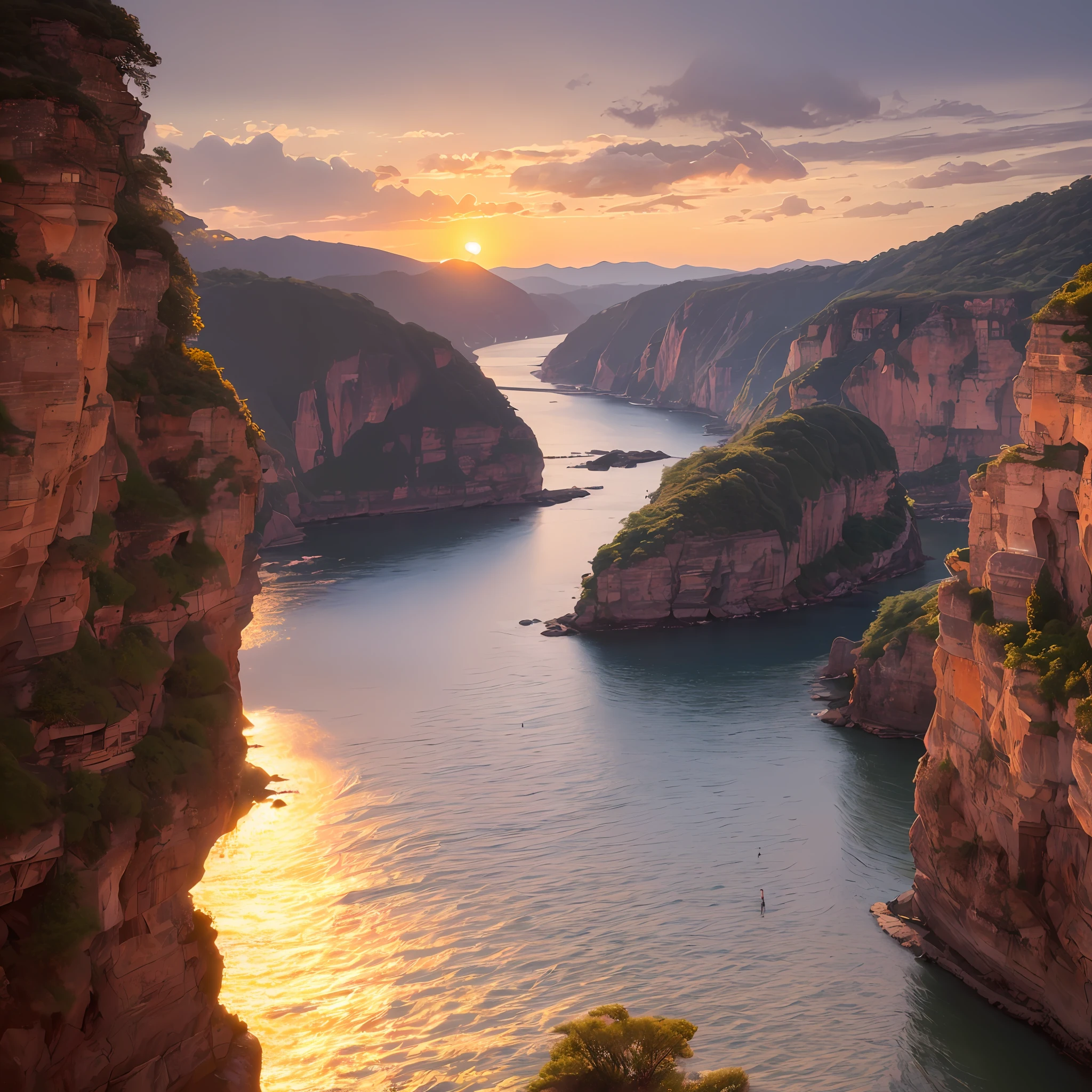 (masterpiece, highest quality, best quality: 1.4), illustration, watercolor, a sunset by the river, orange sun, small chinese boats in the distance, river curve, wonderful colors, rocks, intense, high contrast, complex illustration size 900x1600 --auto