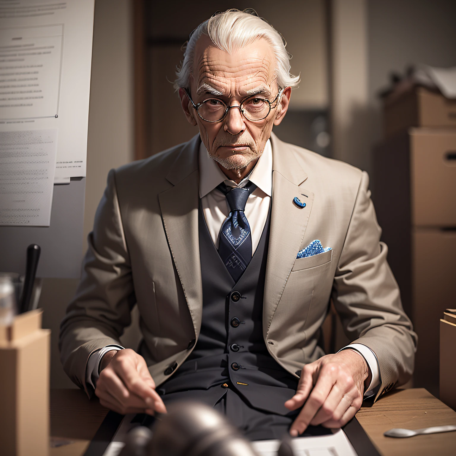 Atelier showcase, with mannequin man in suit, sinister environment, realistic mannequin of old man