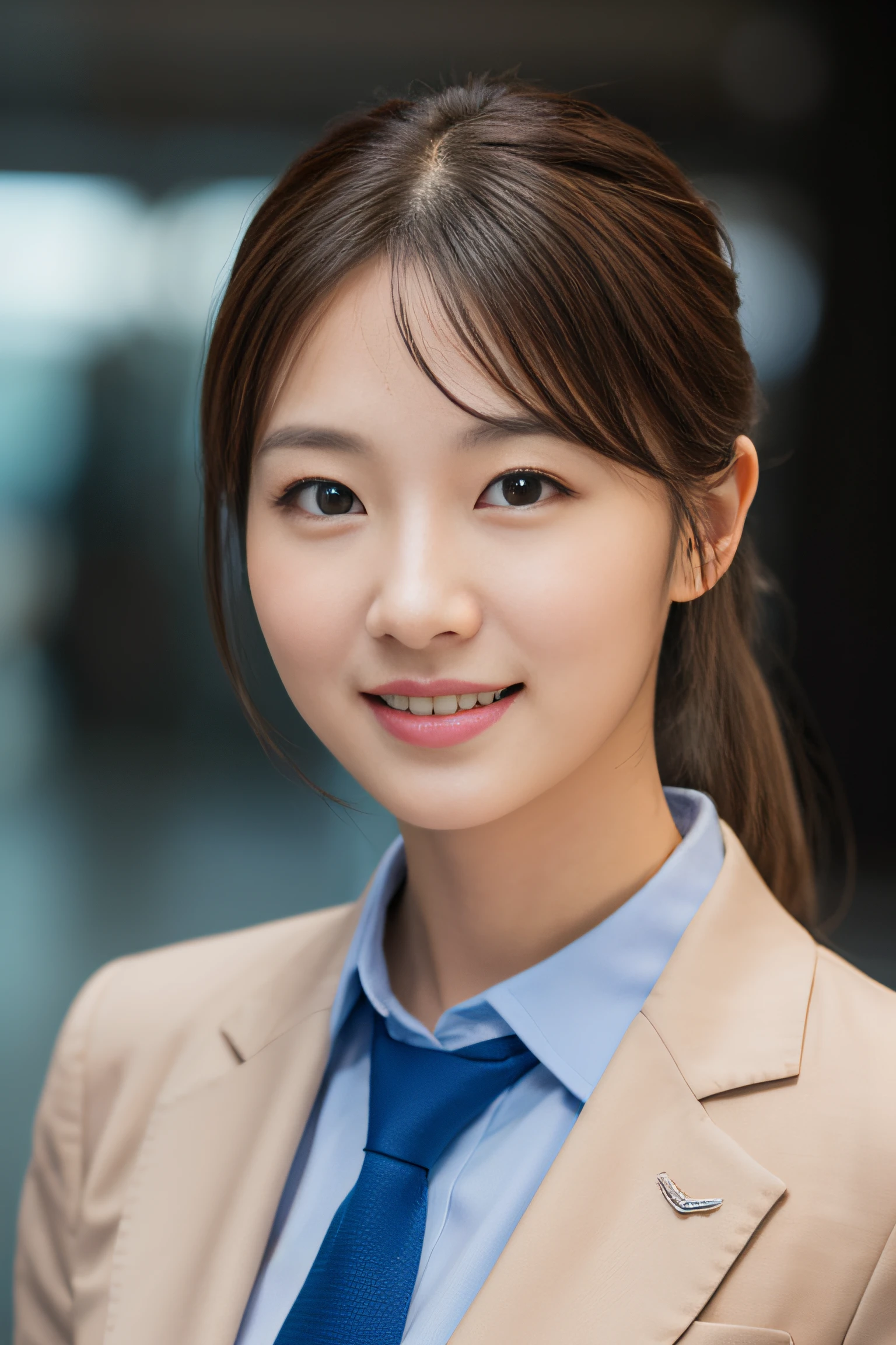 Woman in suit and tie posing for photo, professional profile picture, corporate portrait, businesswoman, well-lit professional photo, smile, ponytail, bust photo, natural pose, realistic, real face, looking at the camera, eyes consistent --auto