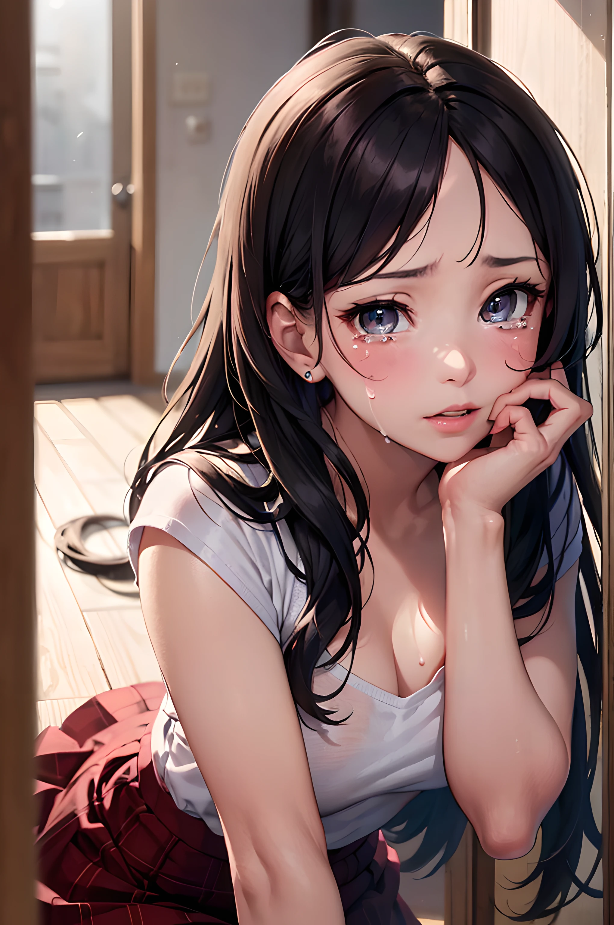(masterpiece), (portrait), (aesthetic), (beautiful), (upper blody), (high quality), (aesthetic clothings), (professional angle), (rule of thirds), (Feminine), (woman), (female), (beautiful),(feminine features), (21 years), solo, 1 woman, (attractive Japanese), Spring, (-), (Evening), (Soft Lighting light), ((Kneeling on the Floor, Hands Covering Face, Tears Flowing)), (Kneeling Hands), ((Looking Down Face)), ((Crying)), (Natural Make-up), (Any Bust), (-), ((Long Hair)), (Black Hair), (Straight Hair), (Loose hair), (- in Hair), (Wide Open Eyes), (Brown Eyes), (Distraught Look), Fair skin, (- Clothing), (Casual), (-), (Skirt ), (Round Neck Neckline), ((Indoor Setting background)), (Close-Up Shot), beautiful hands, two hands, normal hands, two arms, complete hands, beautiful body, beautiful fingers, normal fingers, five fingers, five fingers, beautiful ears, normal ears, beautiful eyes, shiny eyes, beautiful mouth, beautiful lips,